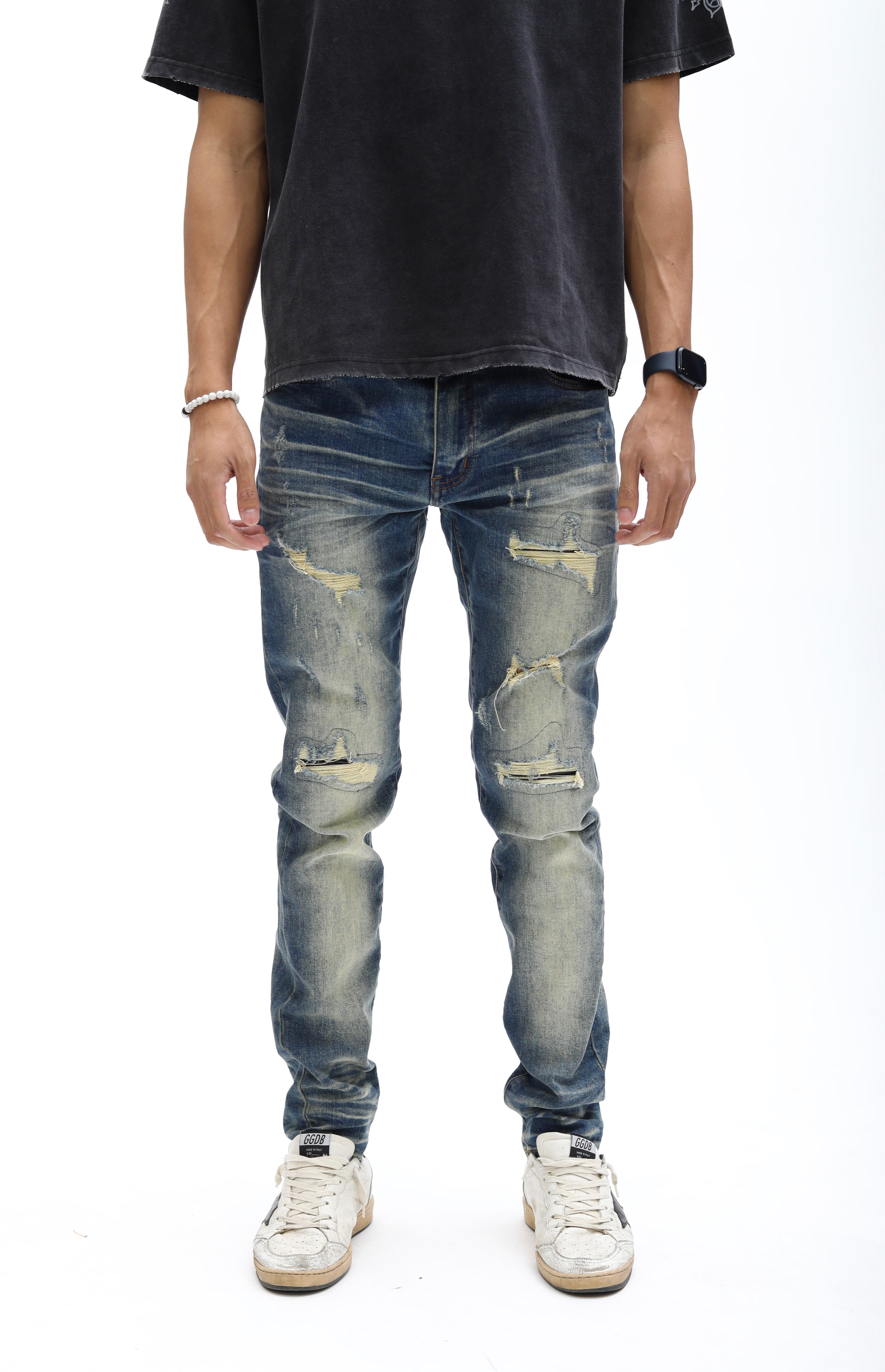 Distressed Whiskey Faded Skinny Denim w/ Leather