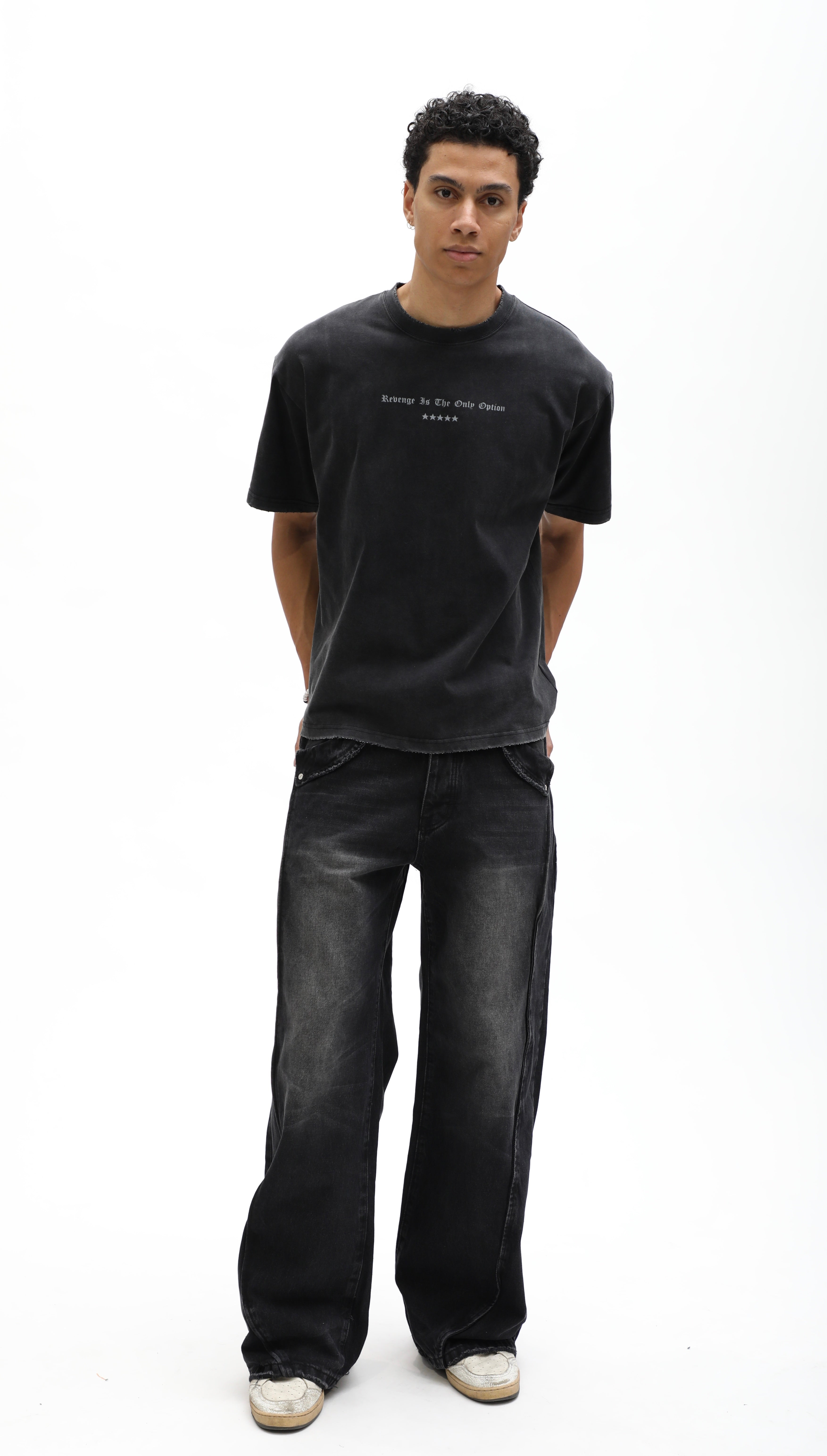 Double Paneled Baggy Faded Black Flare Denim