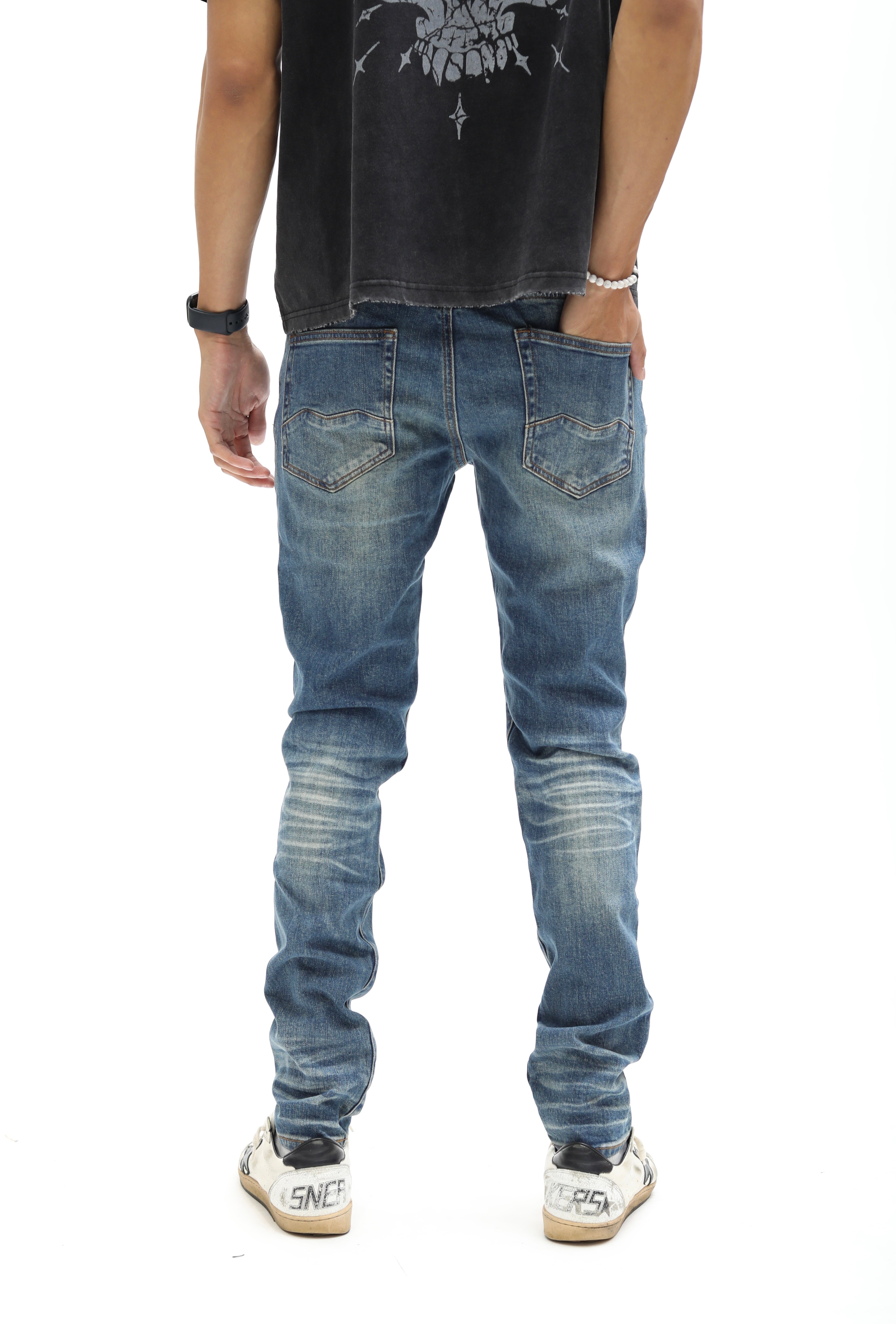 Heavy Distressed Blue Washed Skinny Denim W/ Black Leather