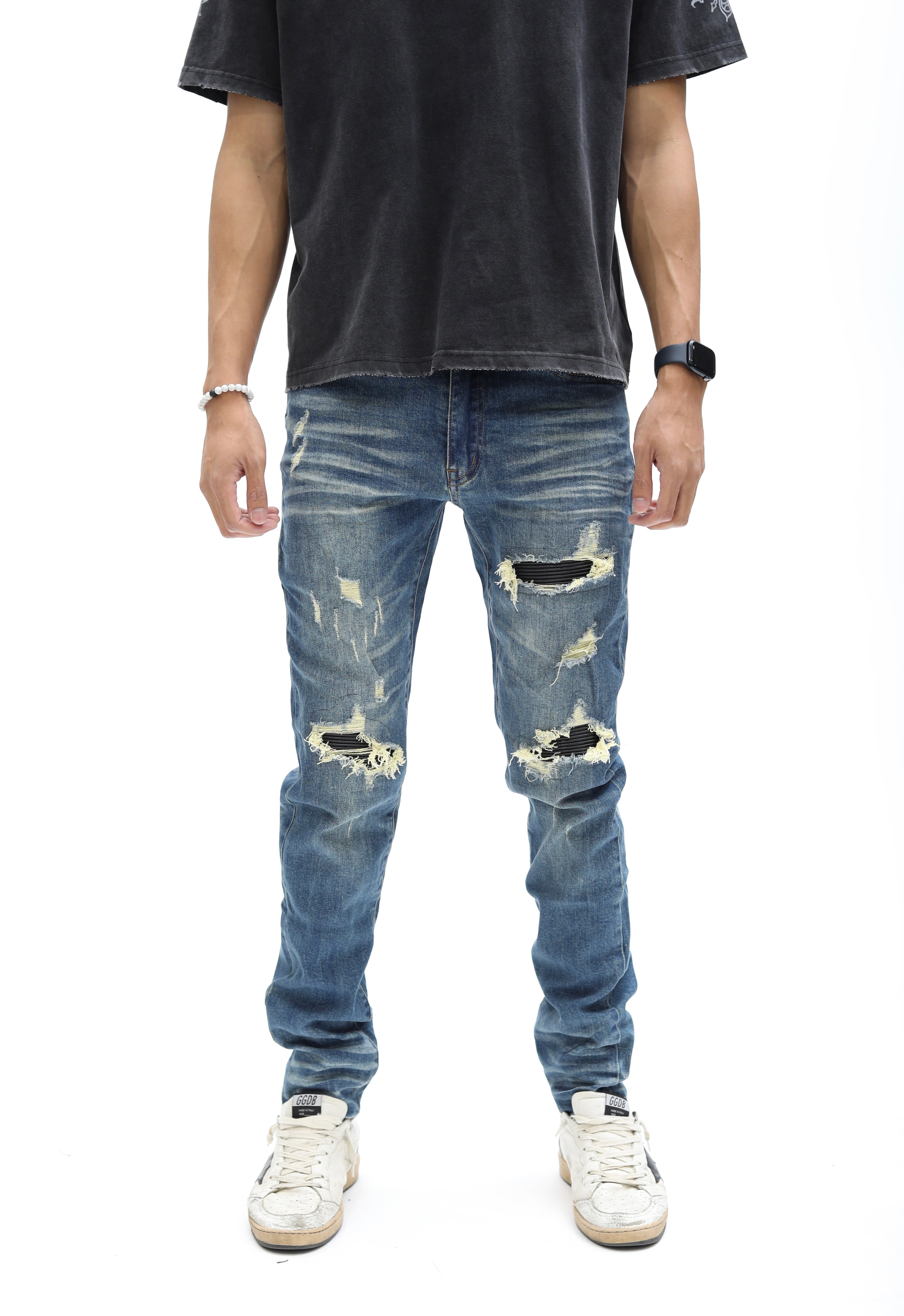Heavy Distressed Blue Washed Skinny Denim W/ Black Leather