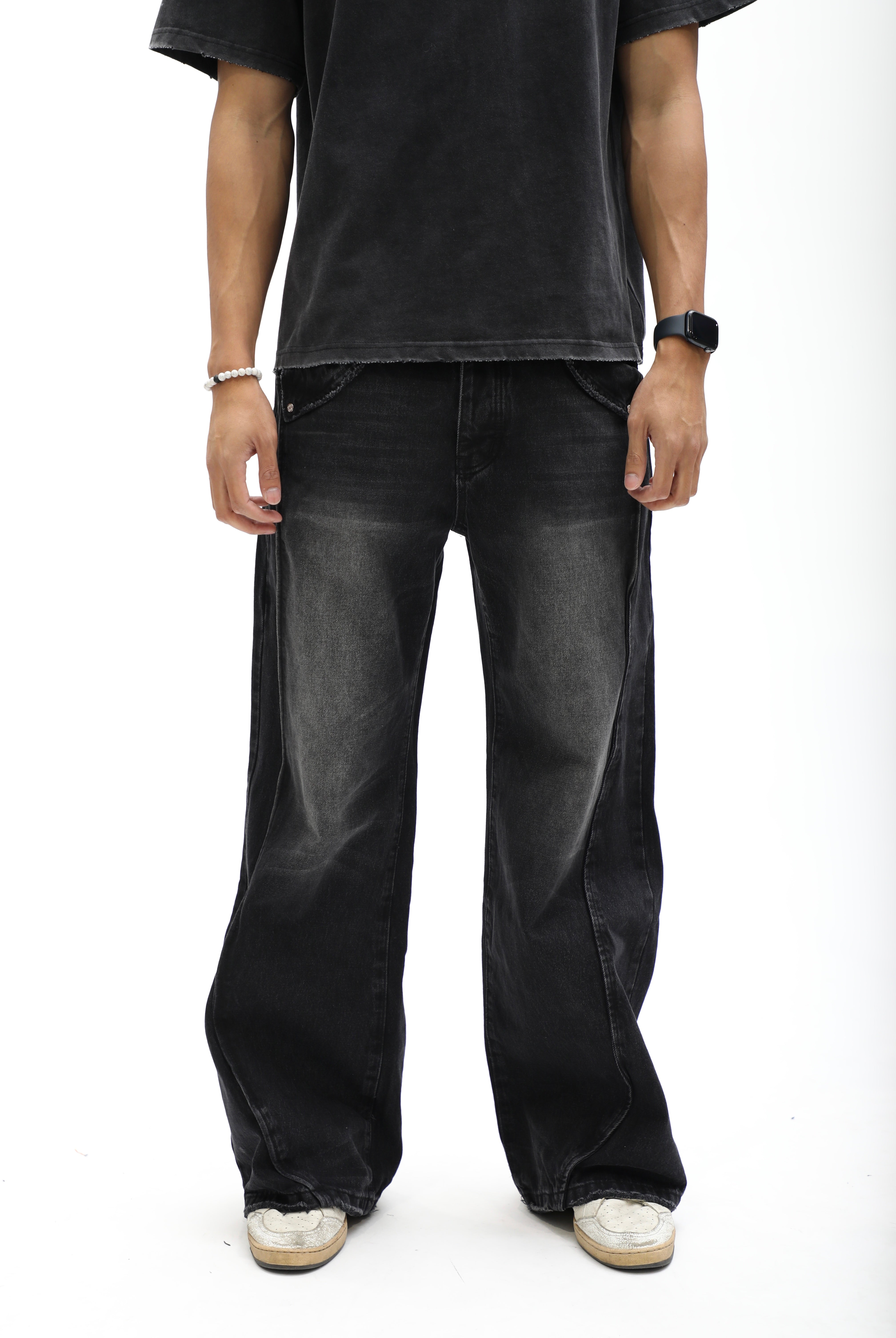 Double Paneled Baggy Faded Black Flare Denim