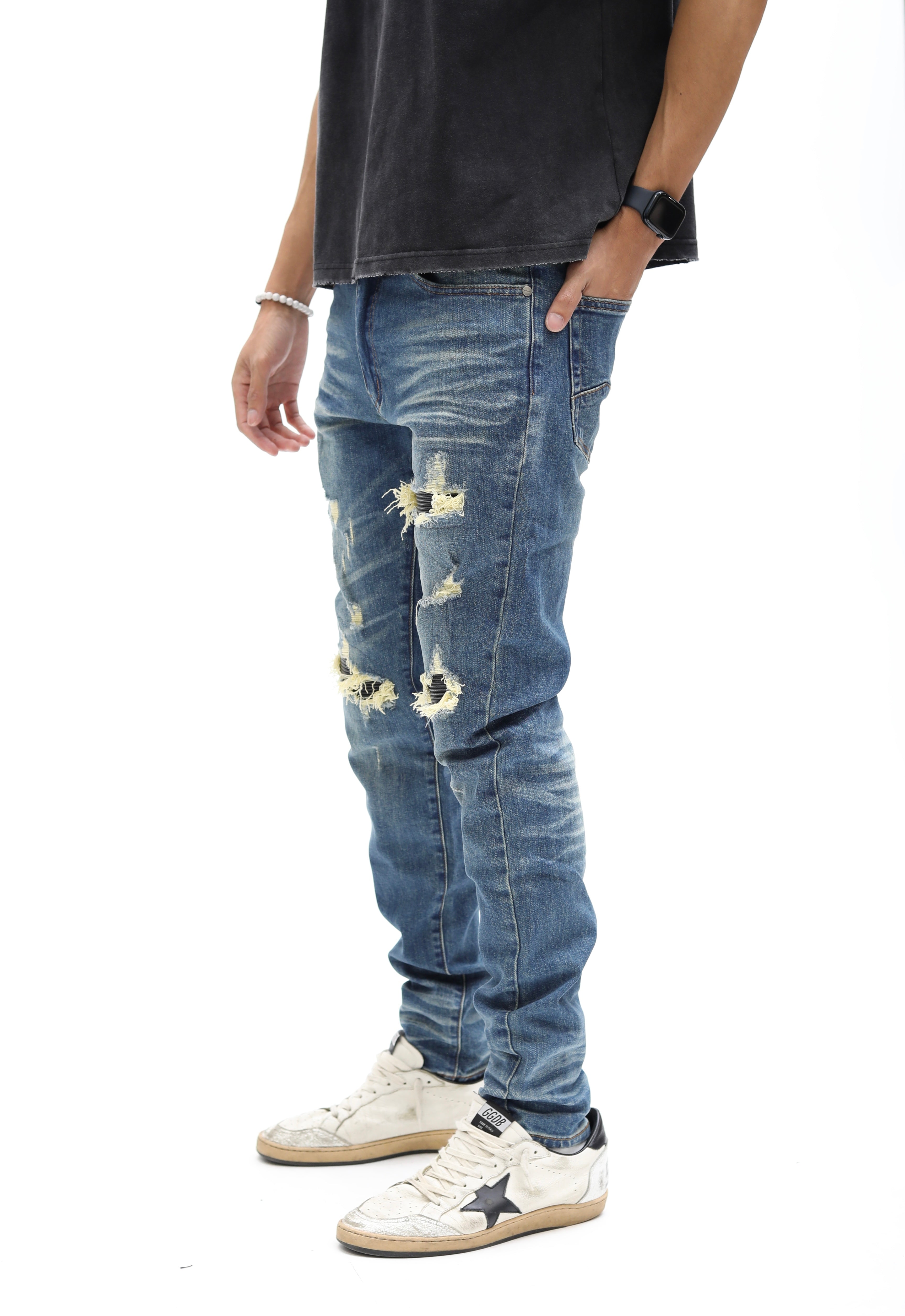 Heavy Distressed Blue Washed Skinny Denim W/ Black Leather