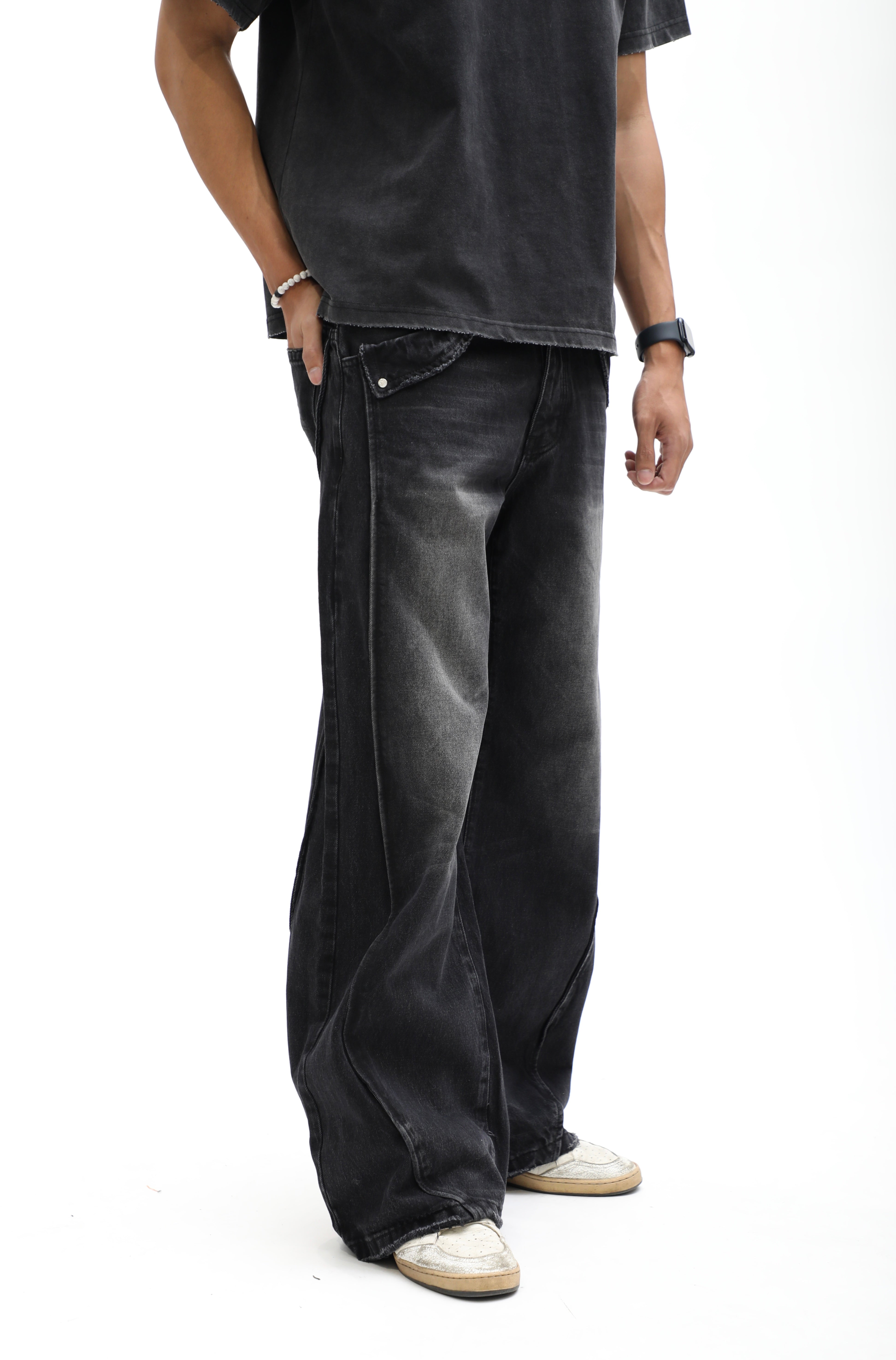 Double Paneled Baggy Faded Black Flare Denim