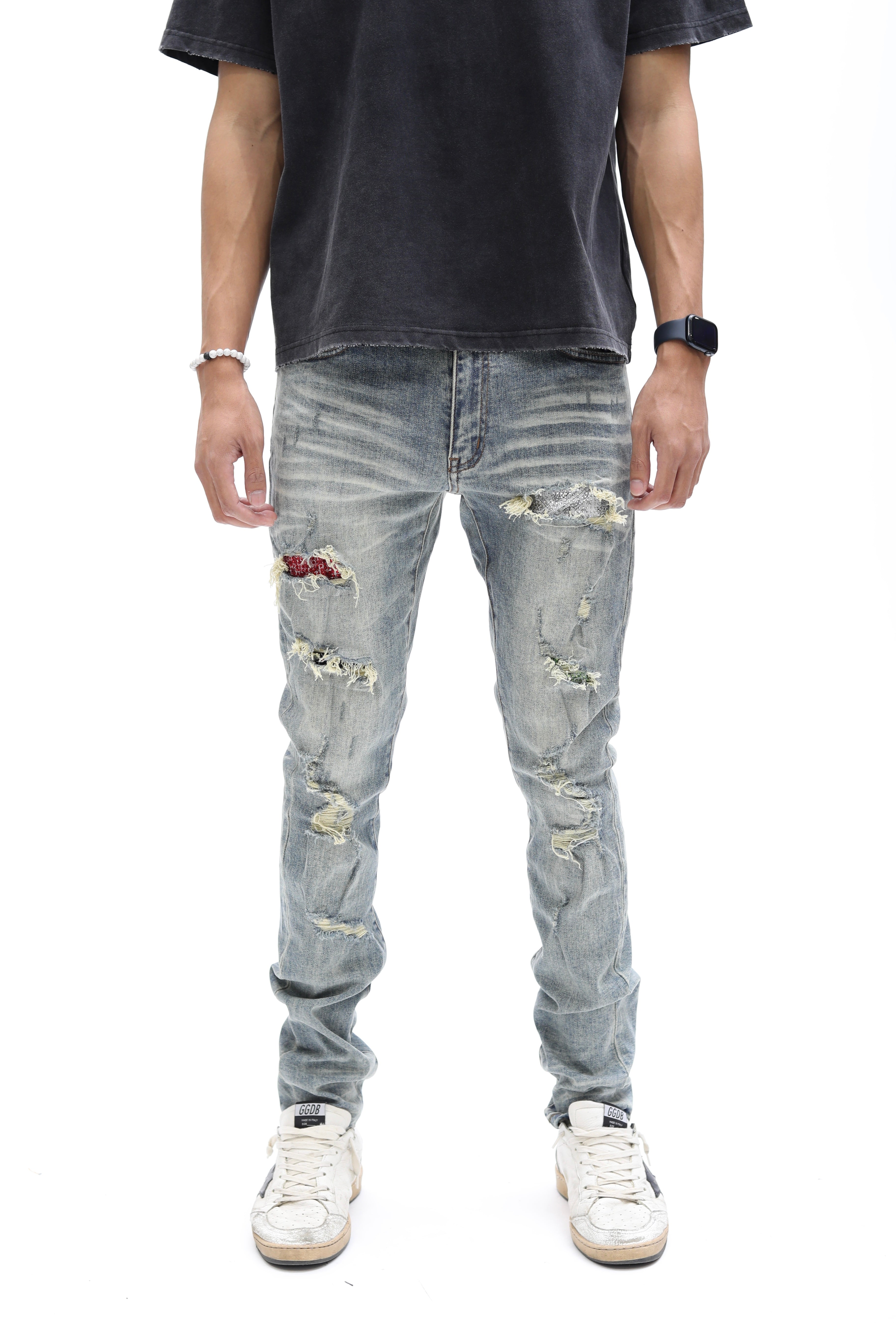 Multi Color Paisley Distressed Rhinestone Skinny Denim