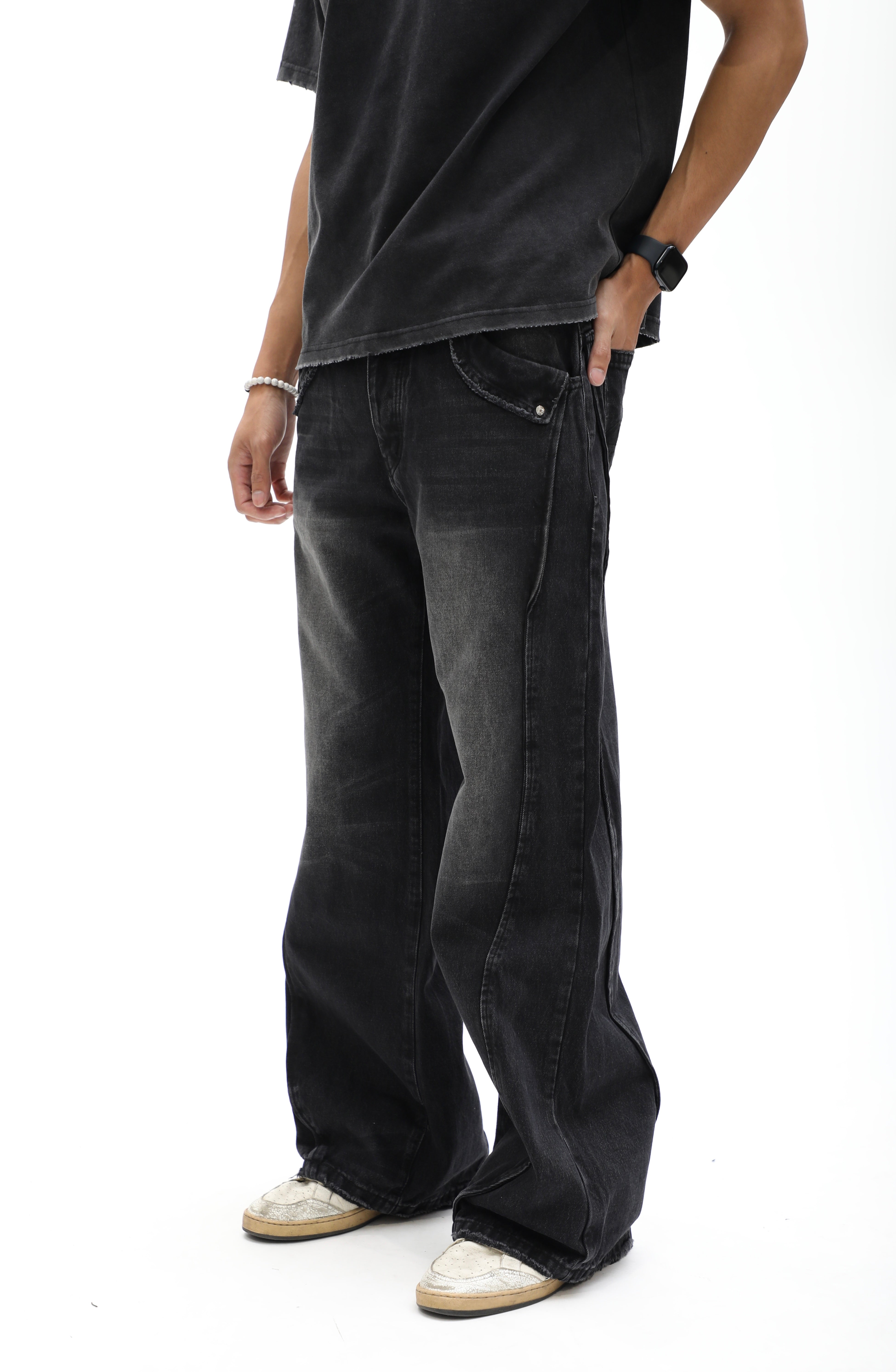 Double Paneled Baggy Faded Black Flare Denim