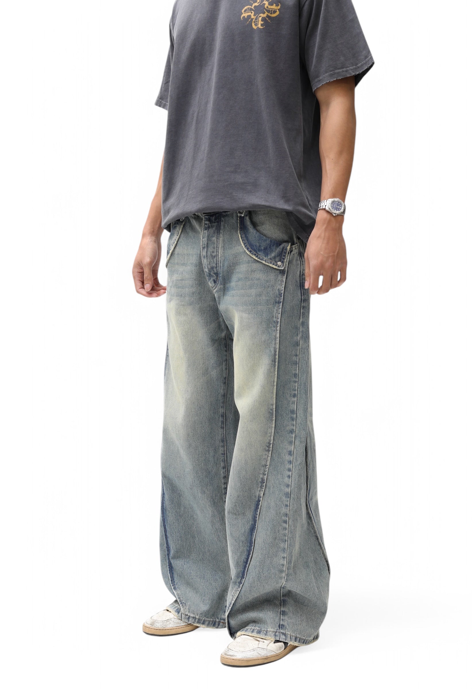 Double Paneled Baggy Faded Light Blue Flare Denim