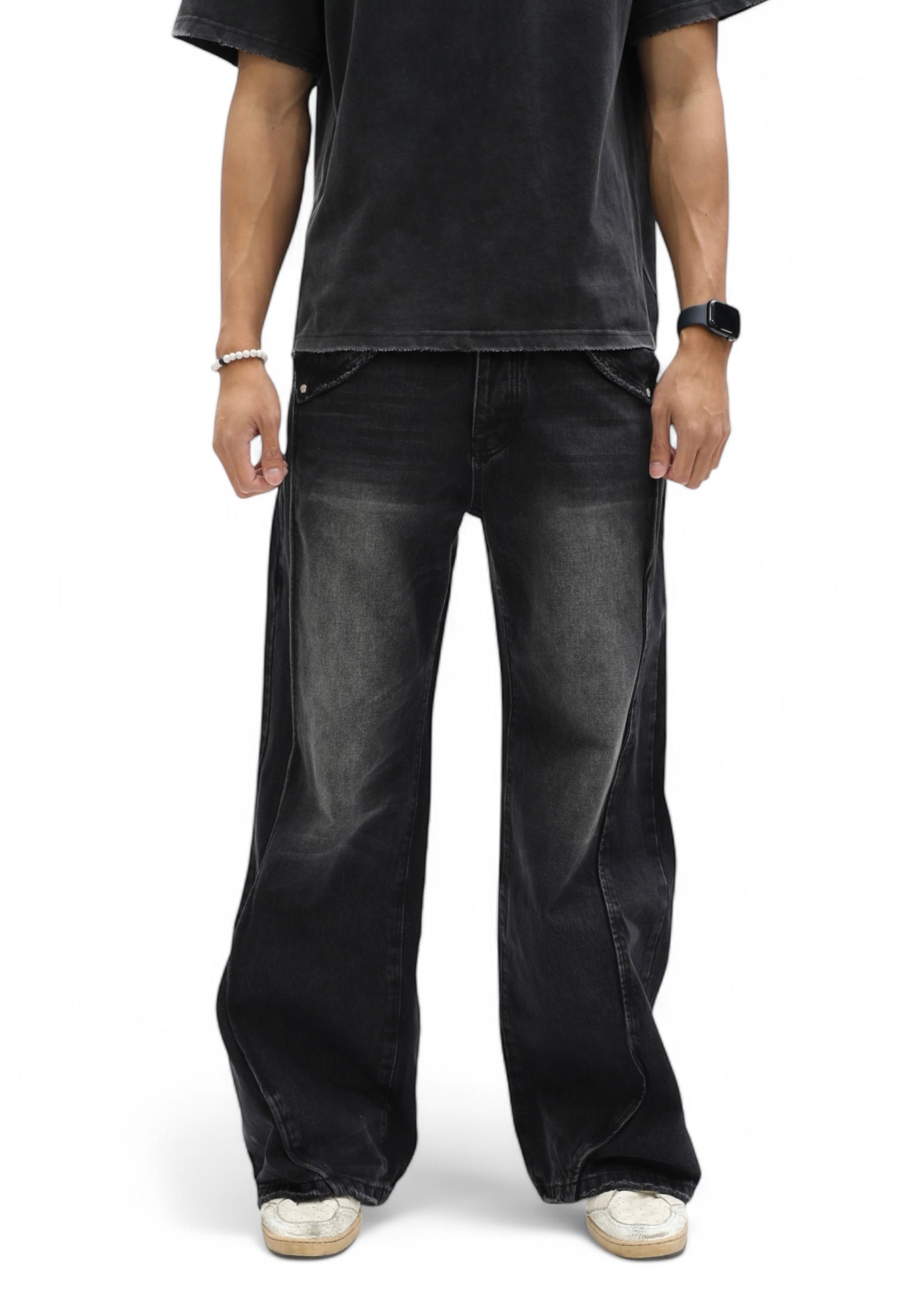 Double Paneled Baggy Faded Black Flare Denim