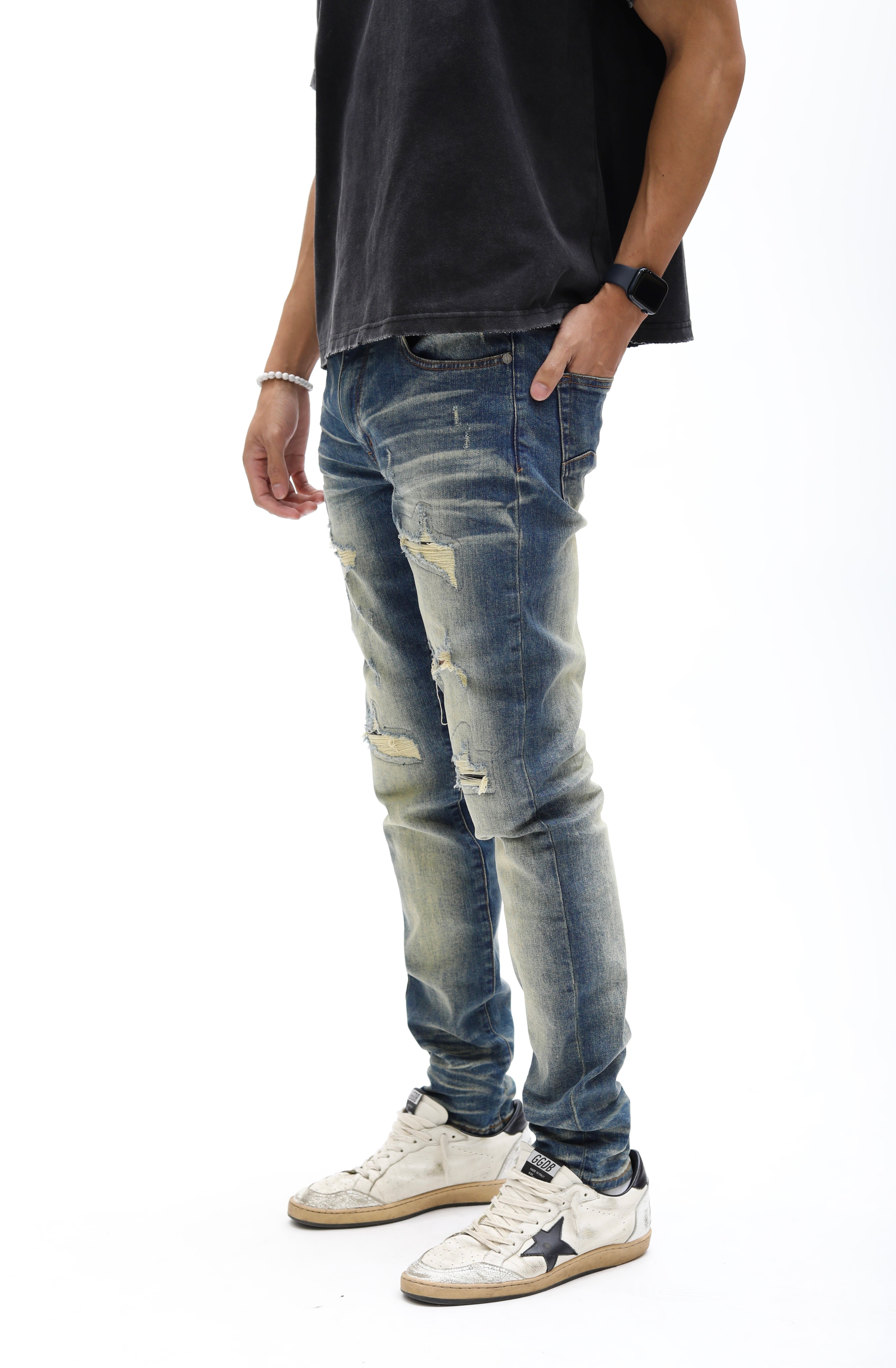 Distressed Whiskey Faded Skinny Denim w/ Leather