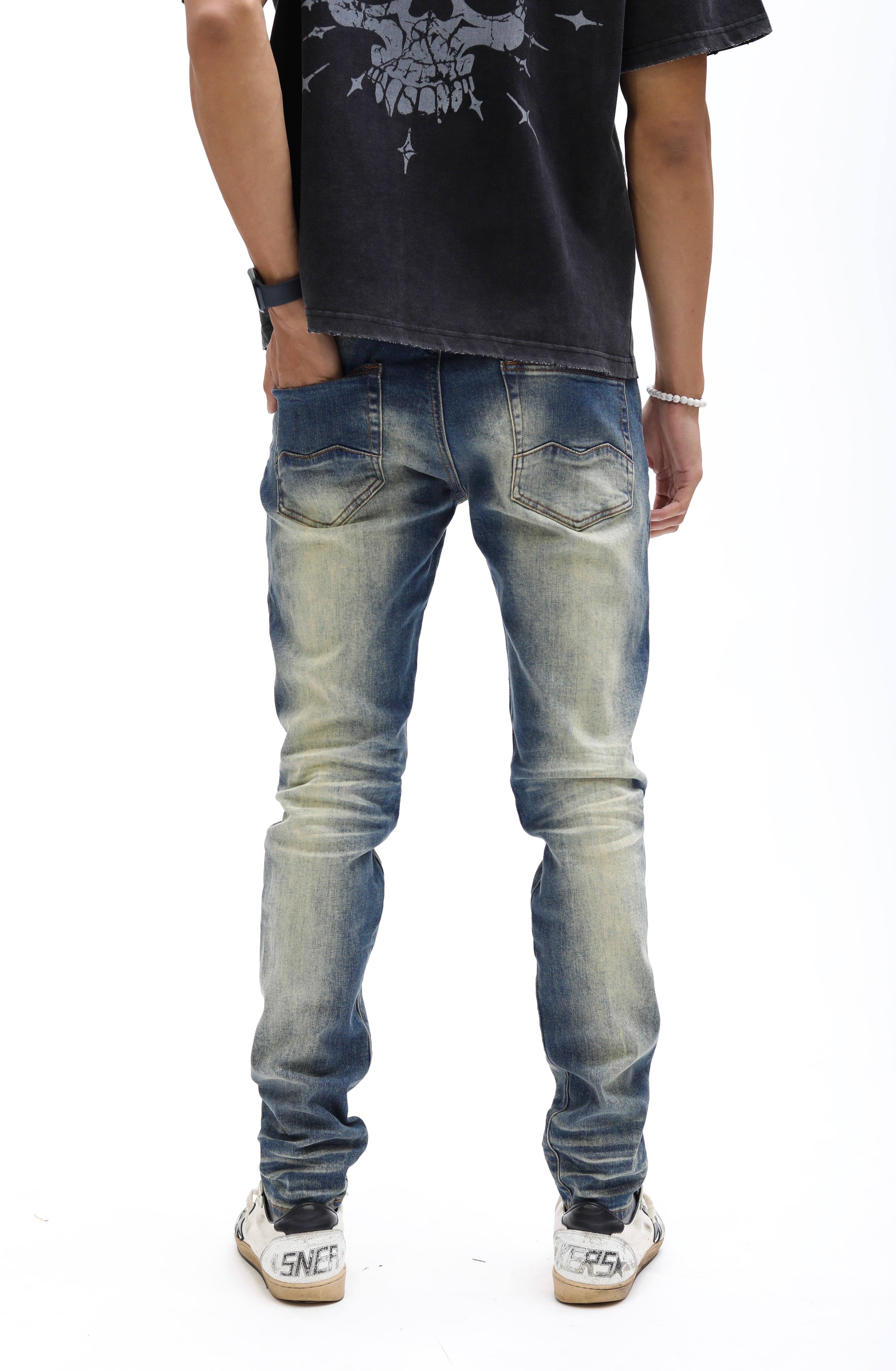 Distressed Whiskey Faded Skinny Denim w/ Leather