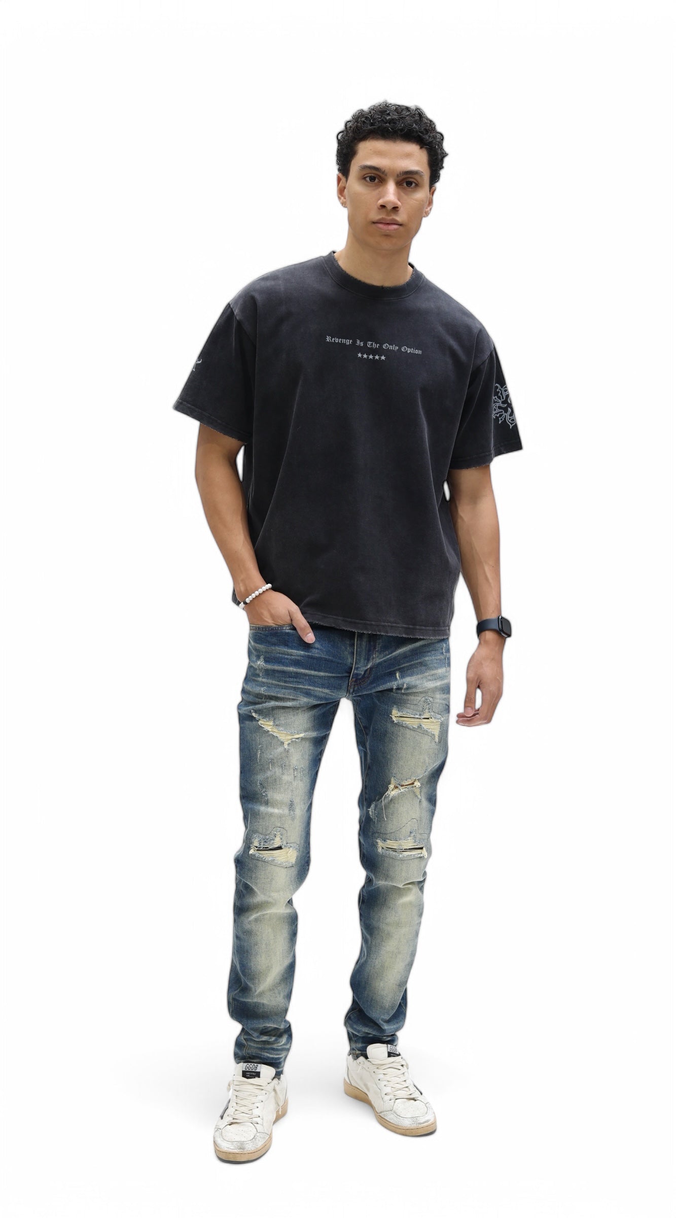 Distressed Whiskey Faded Skinny Denim w/ Leather