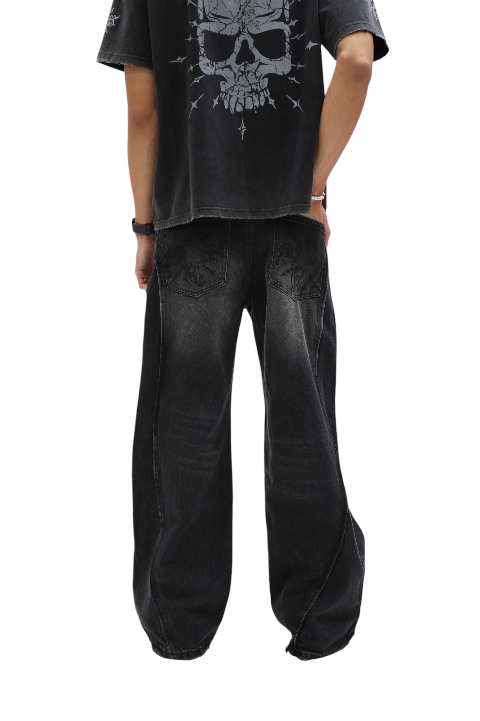 Double Paneled Baggy Faded Black Flare Denim