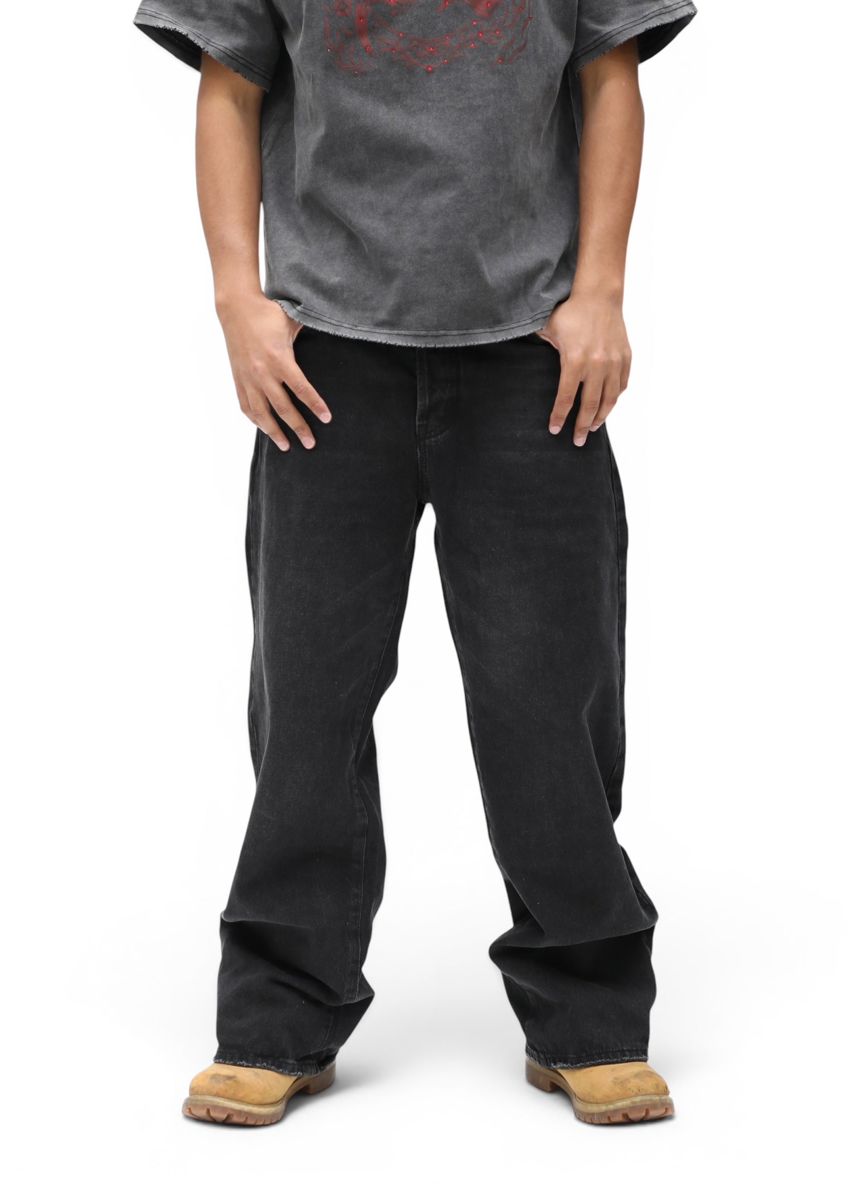 Black Stone Washed Straight Leg Denim