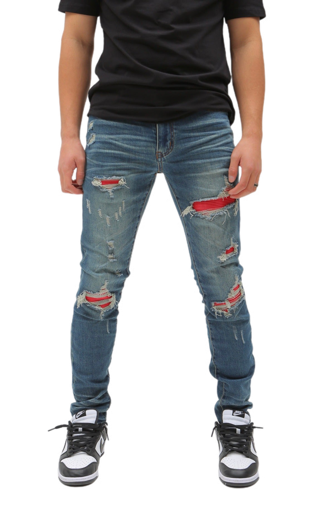 Nokwal Heavy Distressed W/ Red Leather Blue Skinny Denim