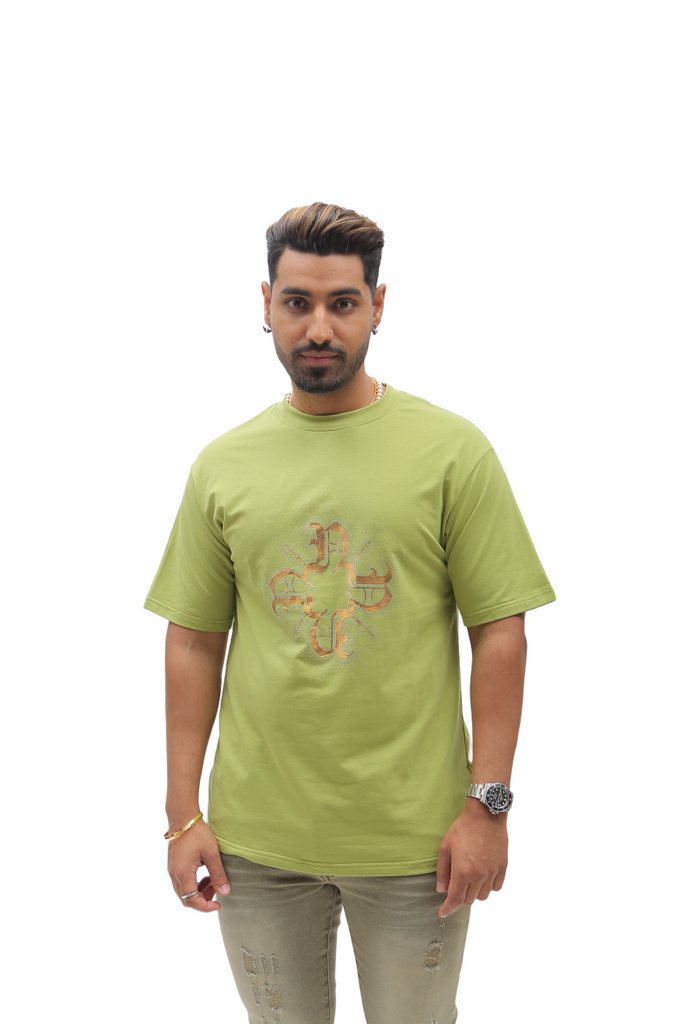 Rhinestone Gold Hologram Monogram T-Shirt Green