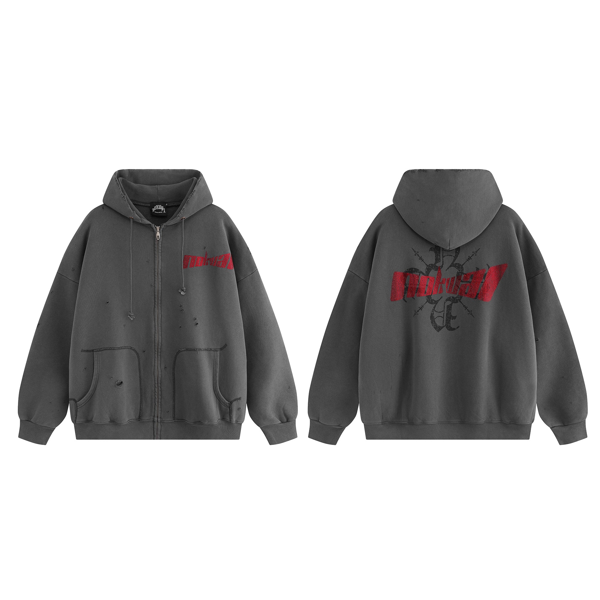 Distressed Zoom Zip Up Oversized Hoodie