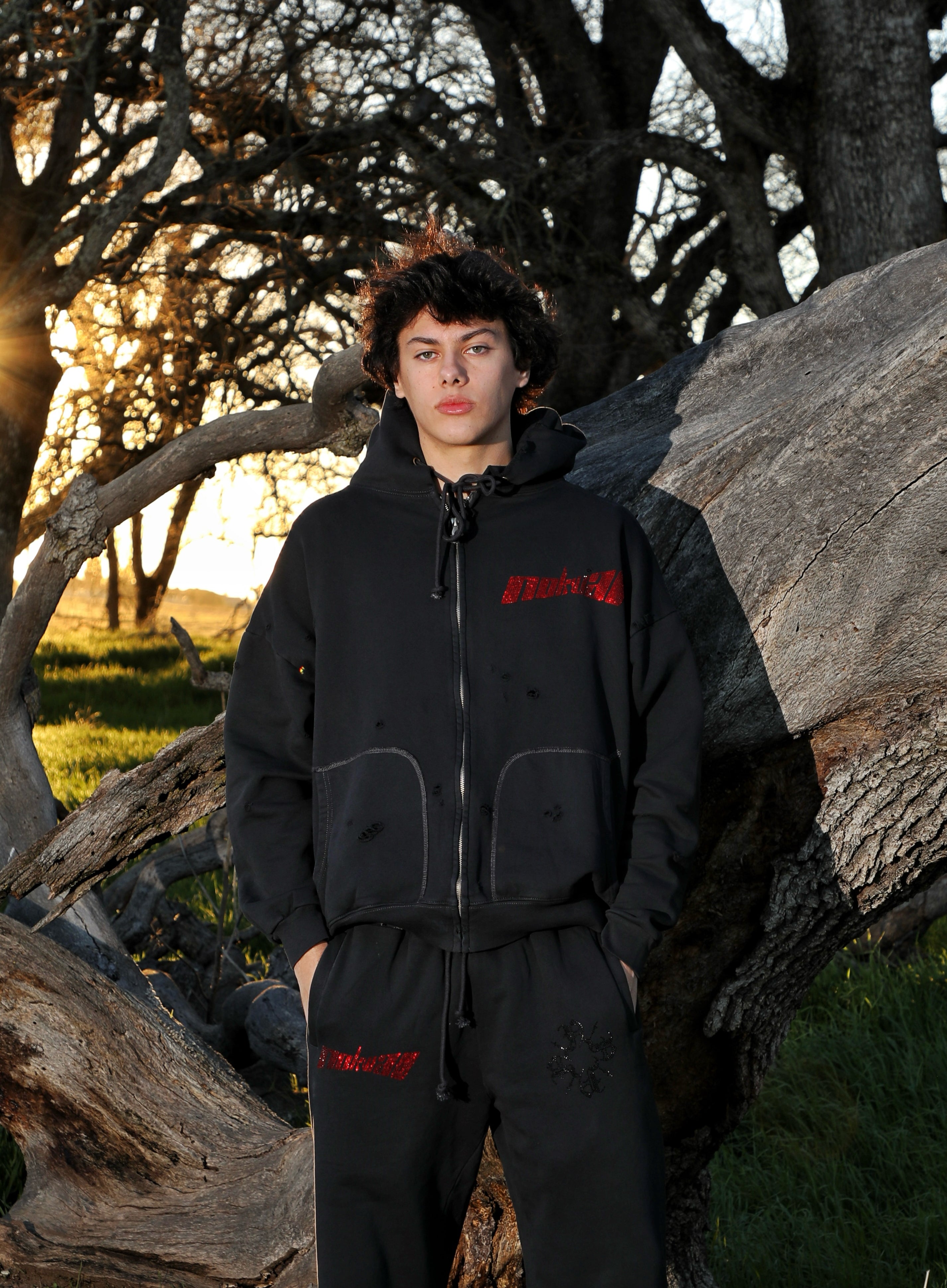 Black Distressed Zoom Zip Up Oversized Hoodie