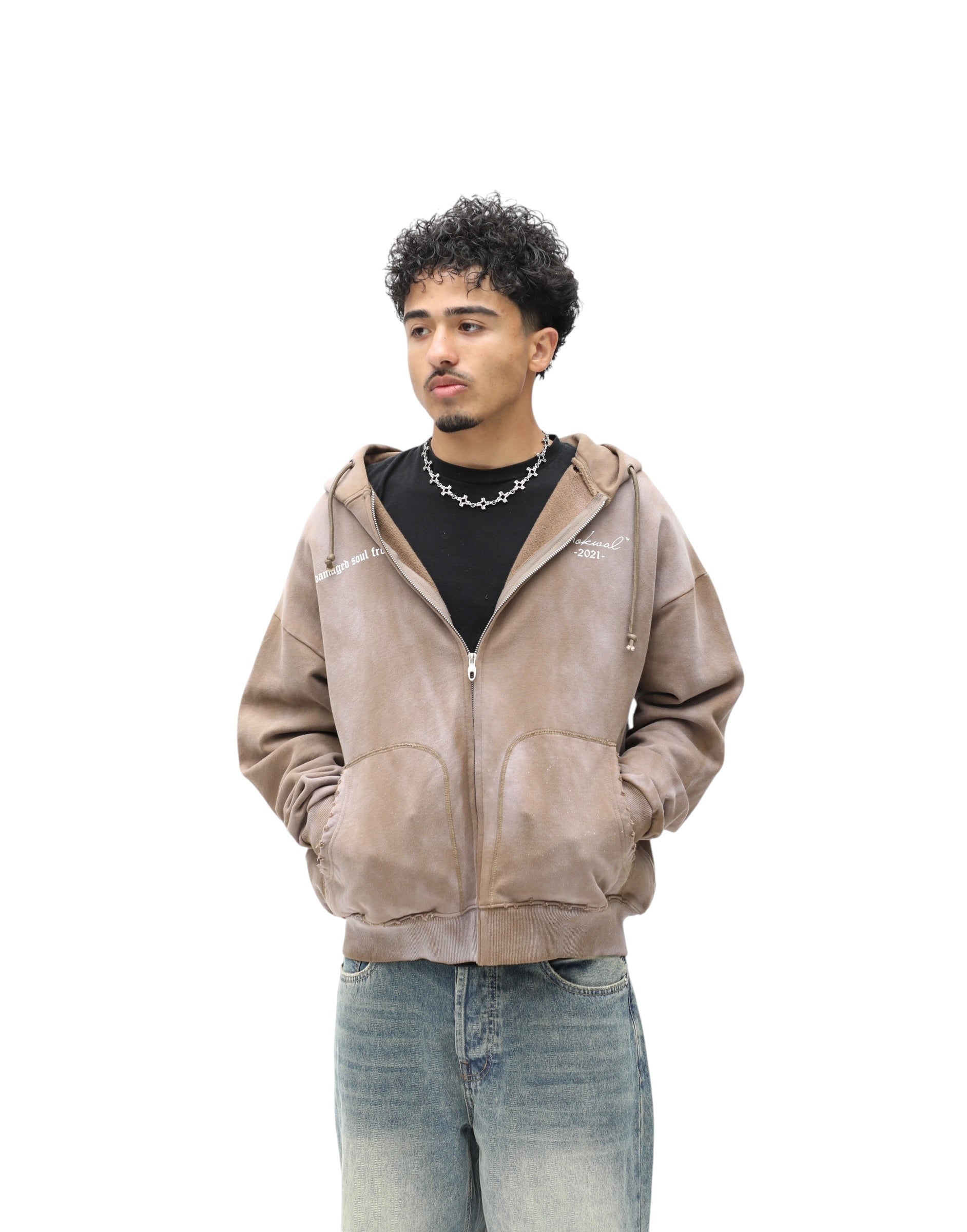 Damaged Soul Zip-Up Hoodie – Washed Brown