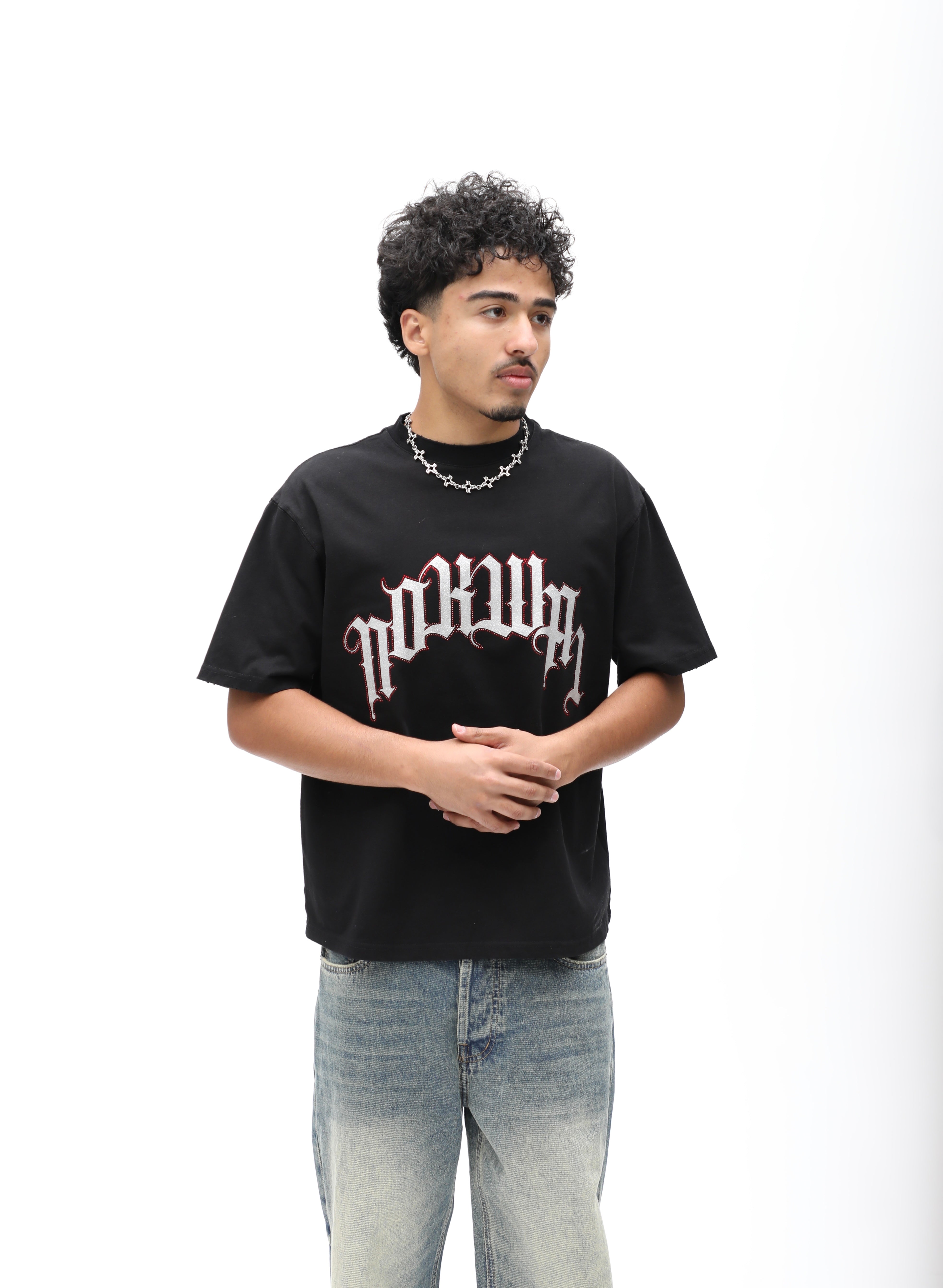 Rhinestone Arch Logo Tee -Jet Black