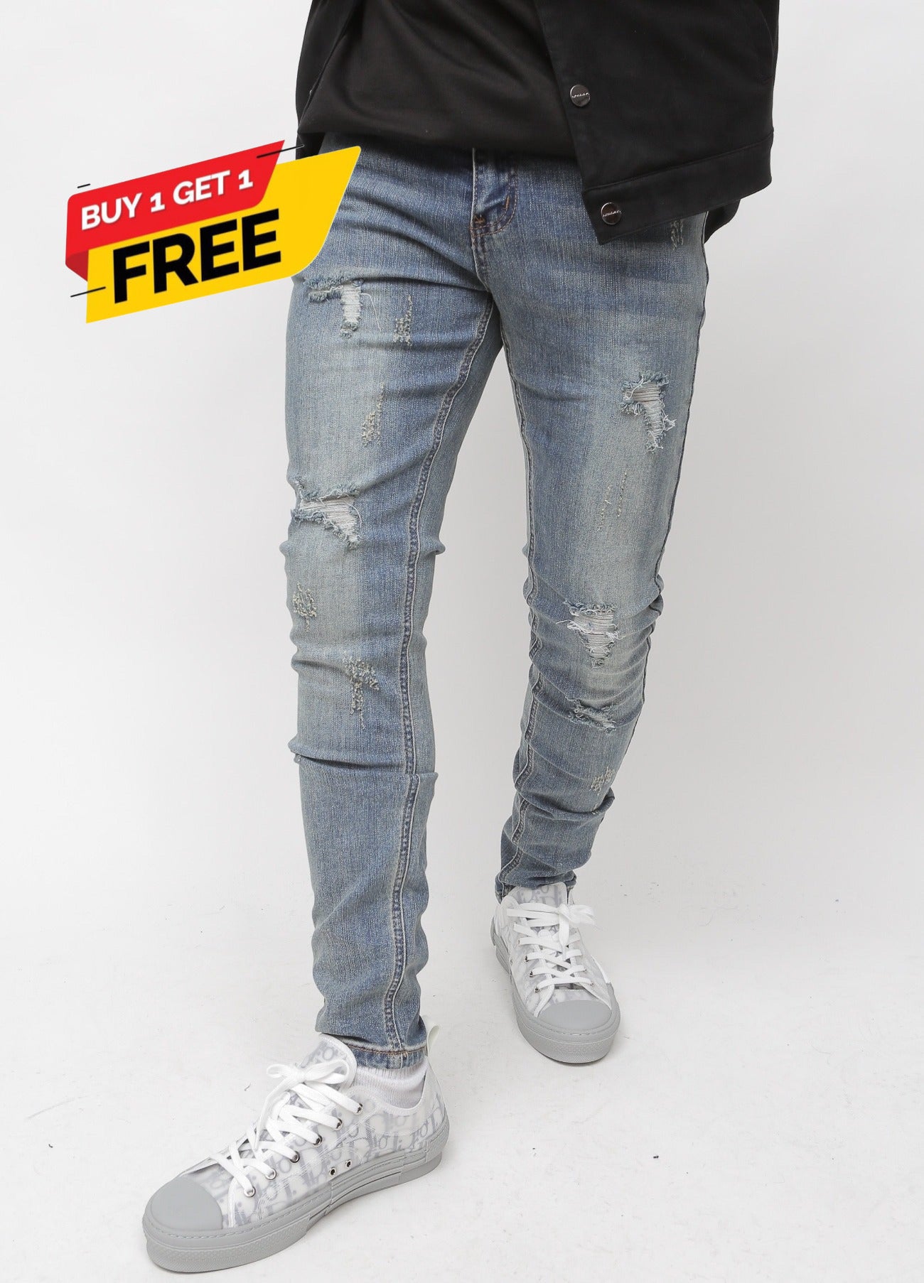 Distressed Blue Wash Skinny Denim