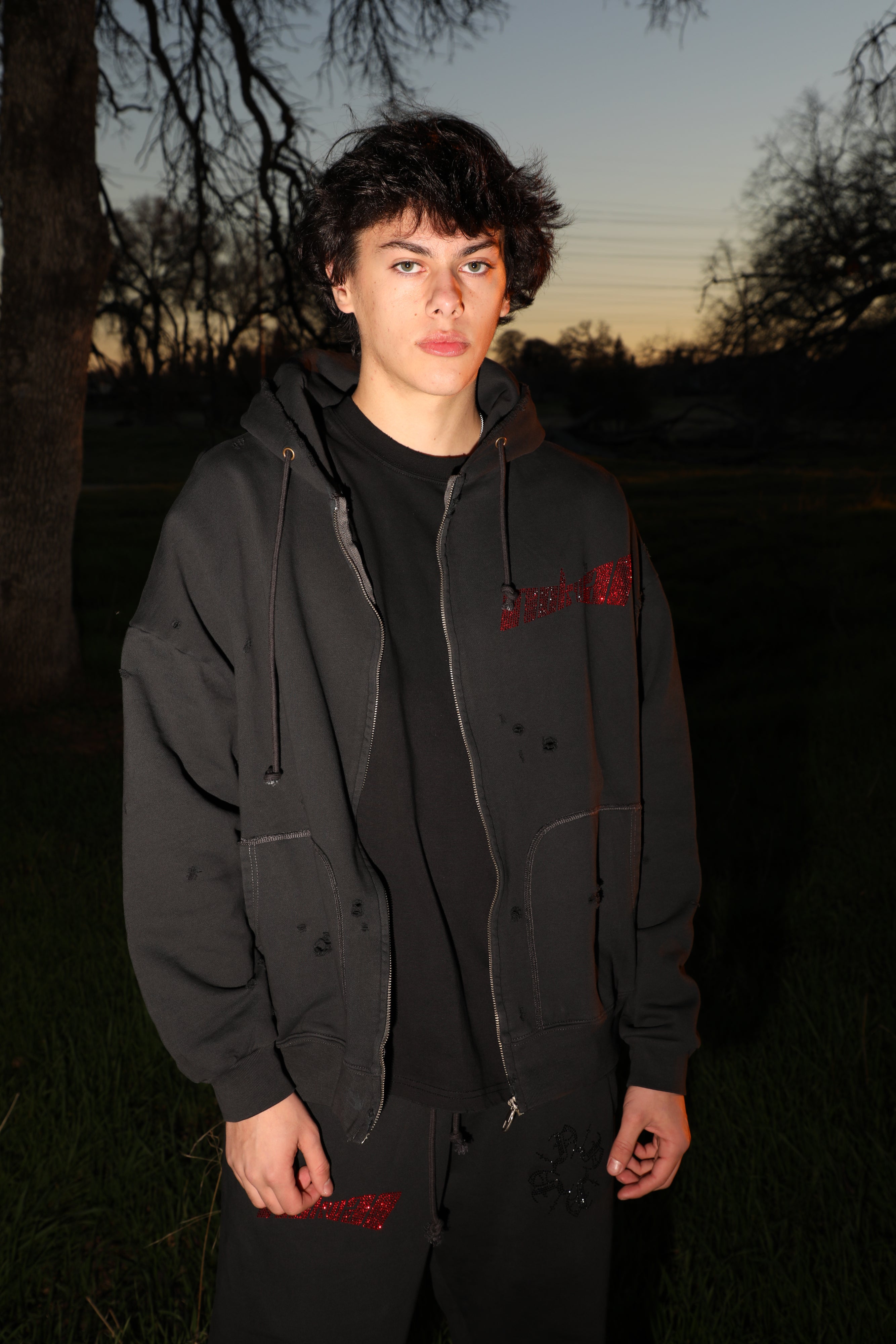 Black Distressed Zoom Zip Up Oversized Hoodie