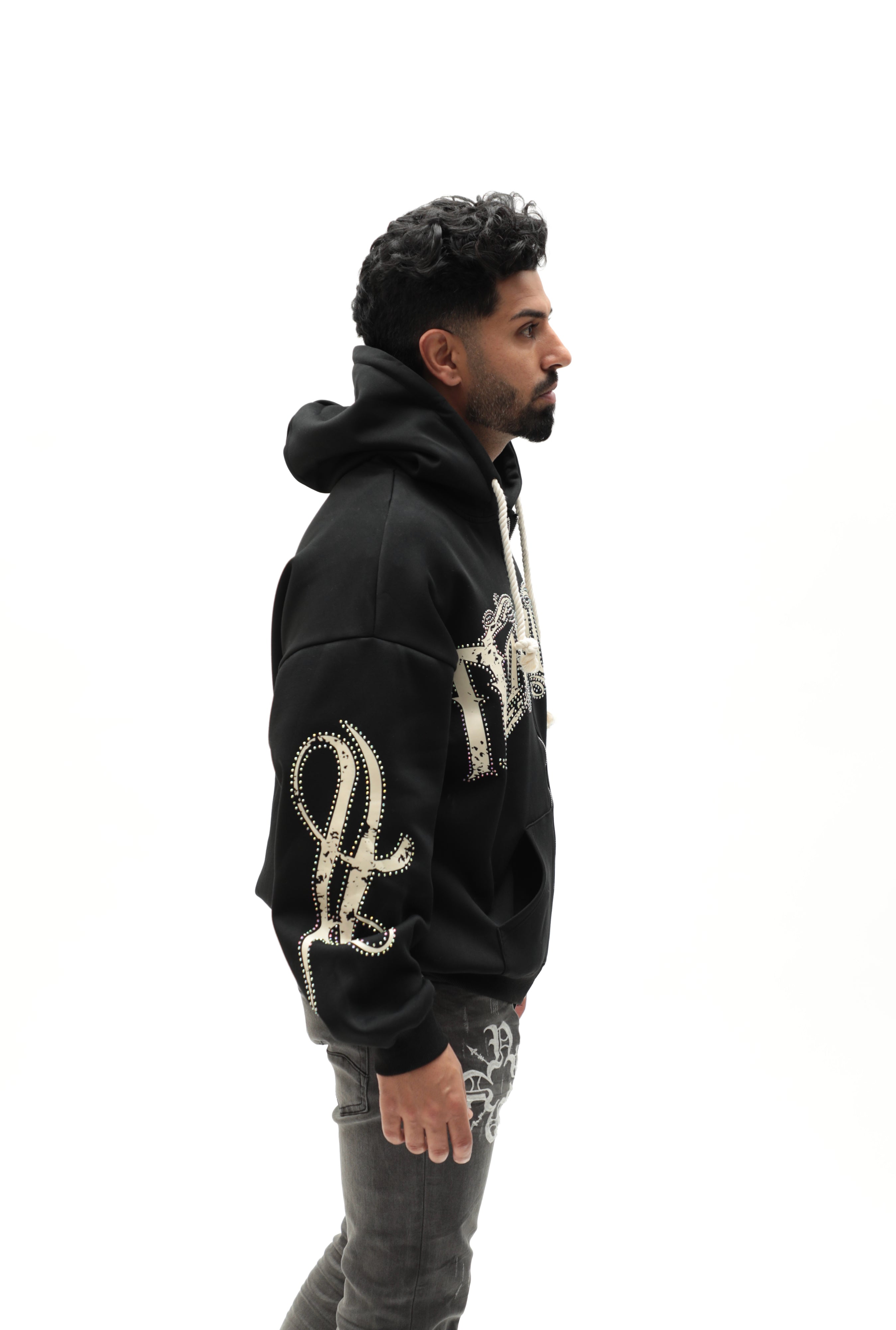 Rhinestone Nokwal Zip Up Oversize Hoodie - Black