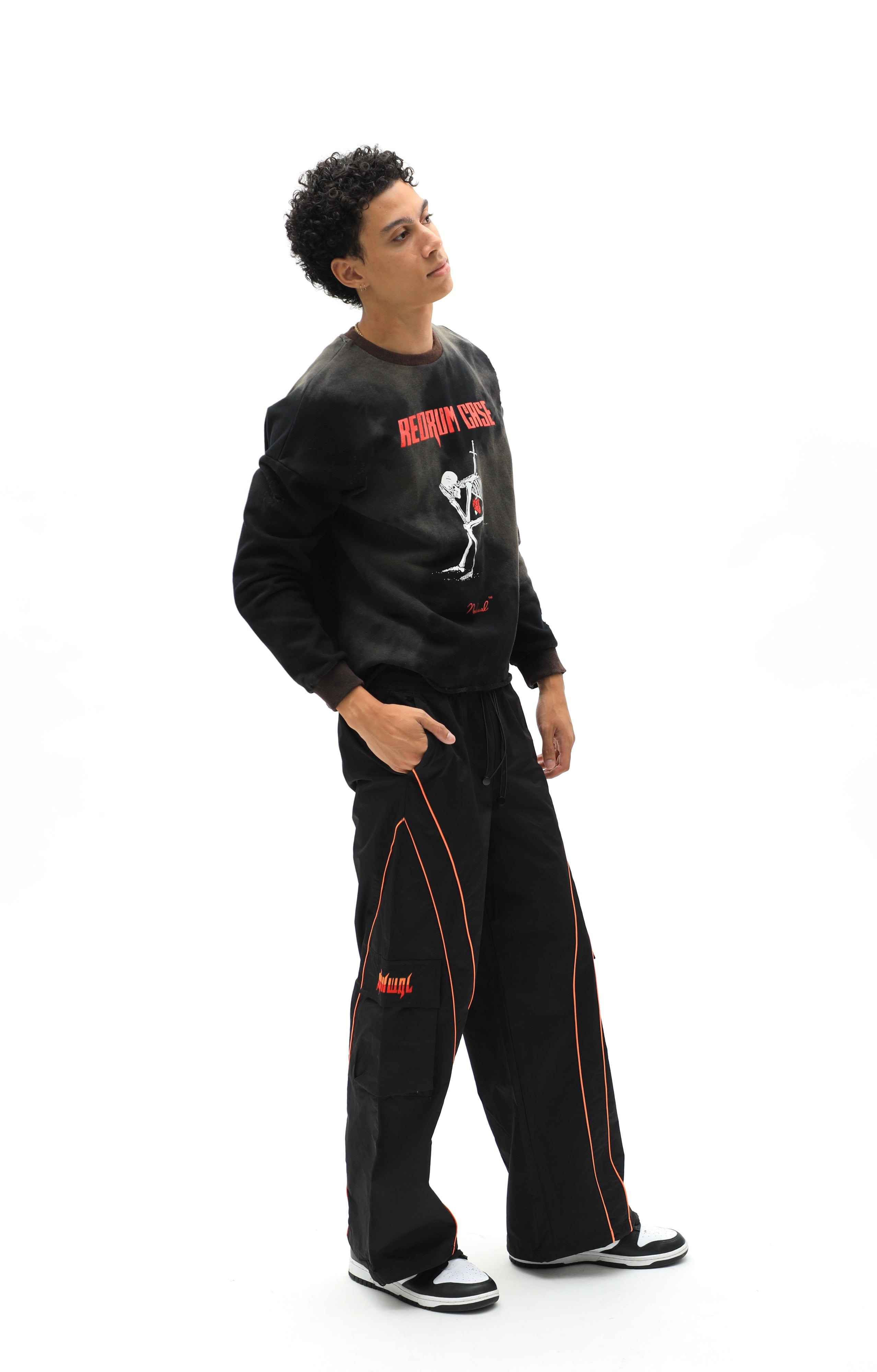 Black/Orange Baggy Cargo Sports Track Pants