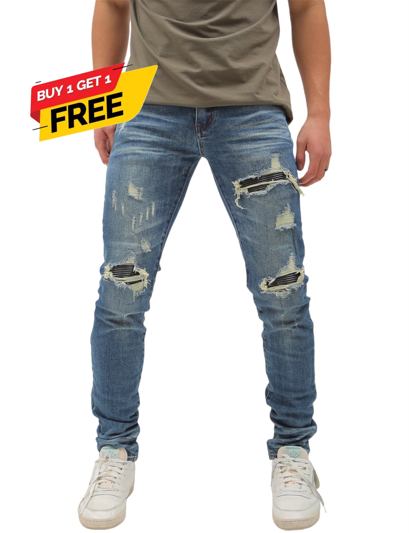 Heavy Distressed Blue Washed Skinny Denim W/ Black Leather