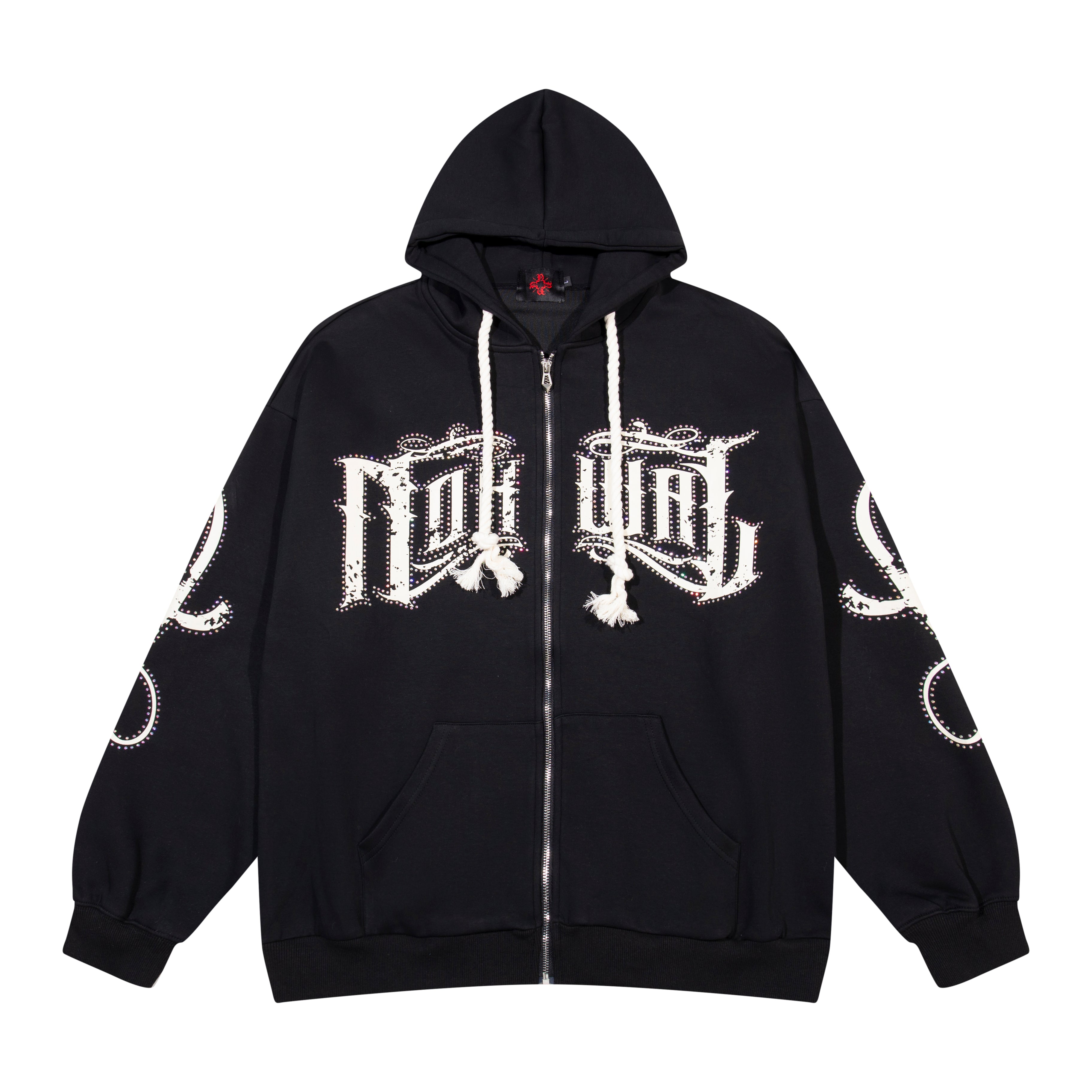 Rhinestone Nokwal Zip Up Oversize Hoodie - Black