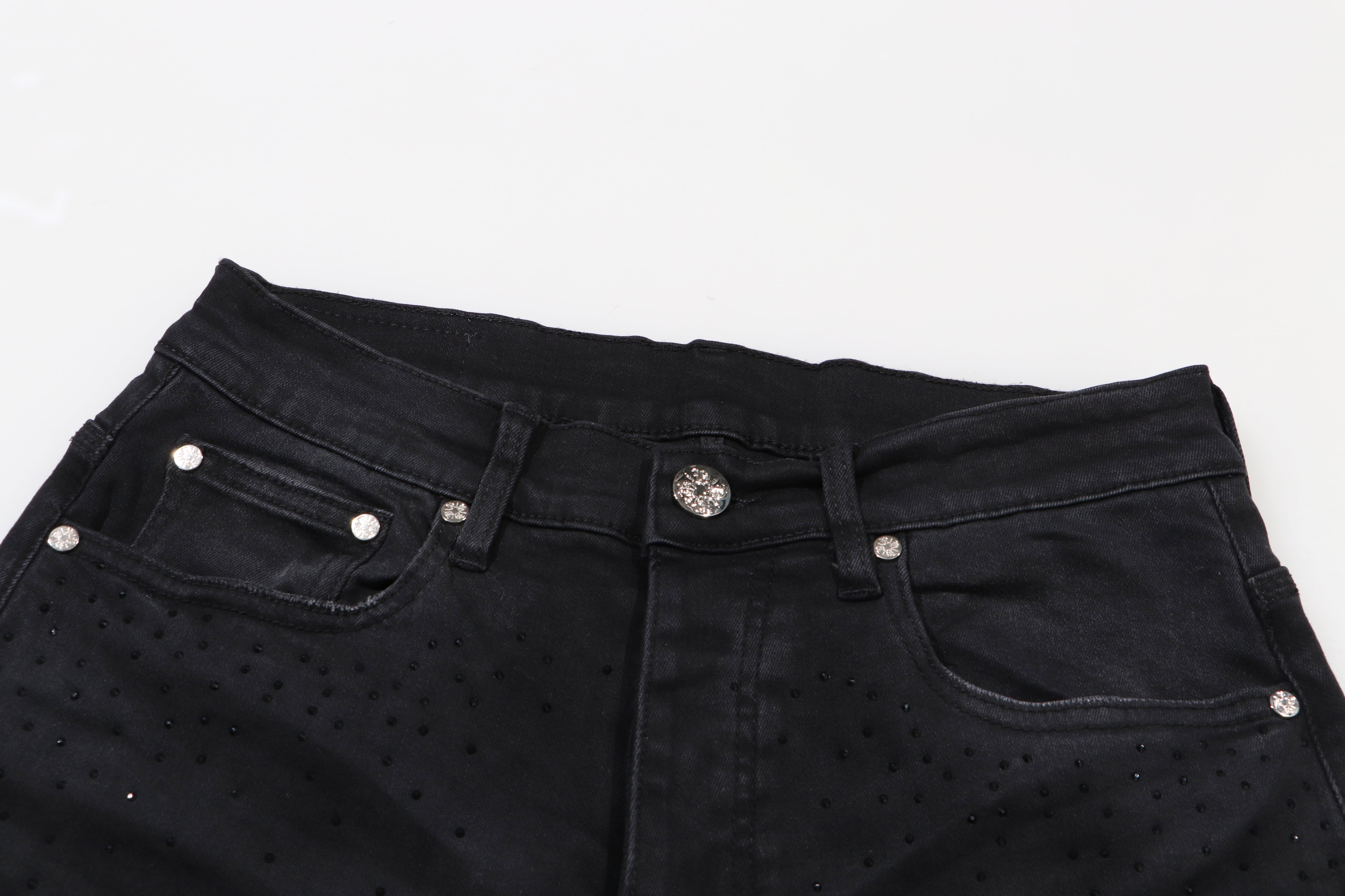 Rhinestone Straight Leg Faded Black Denim