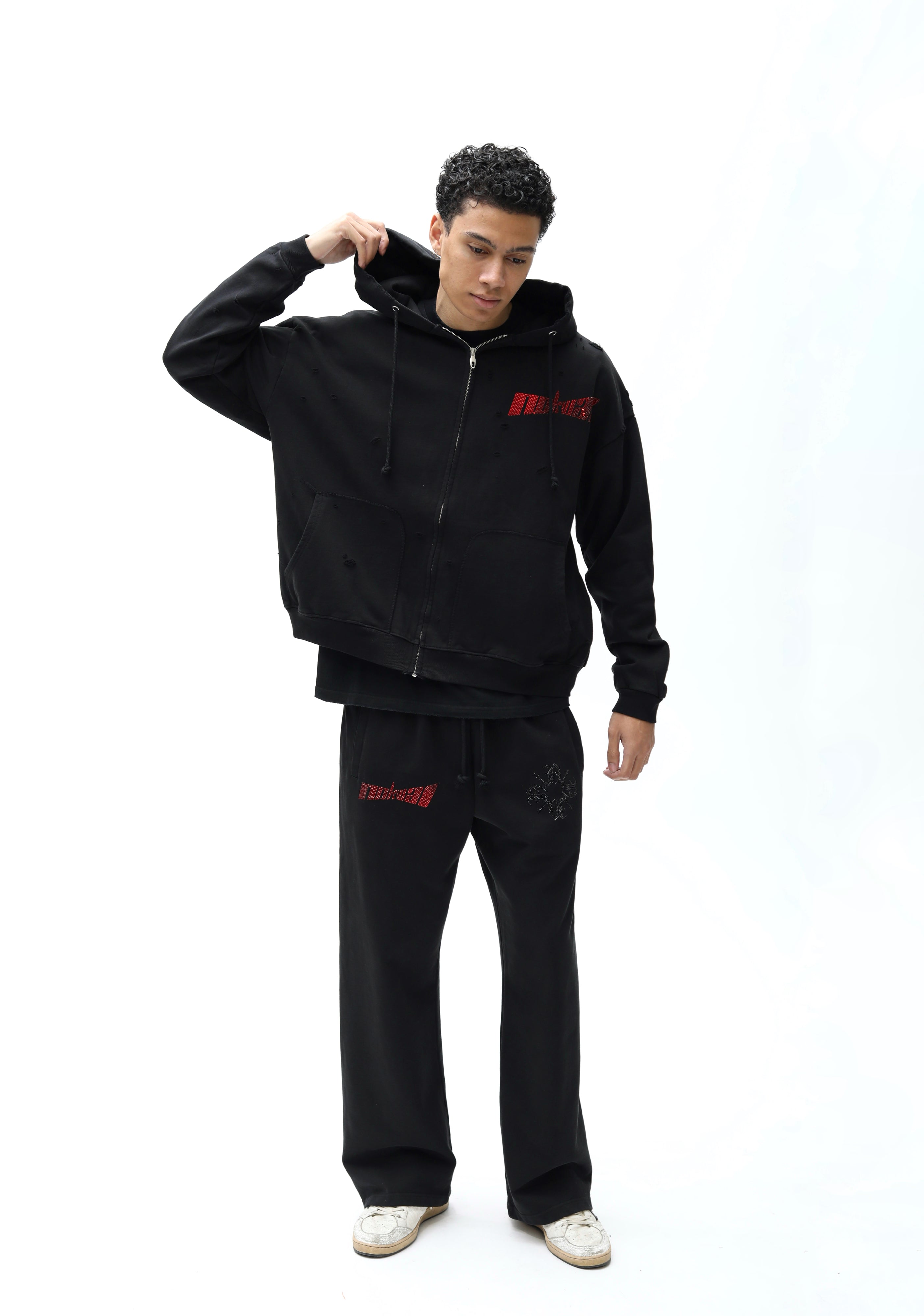 Black Distressed Zoom Zip Up Oversized Hoodie