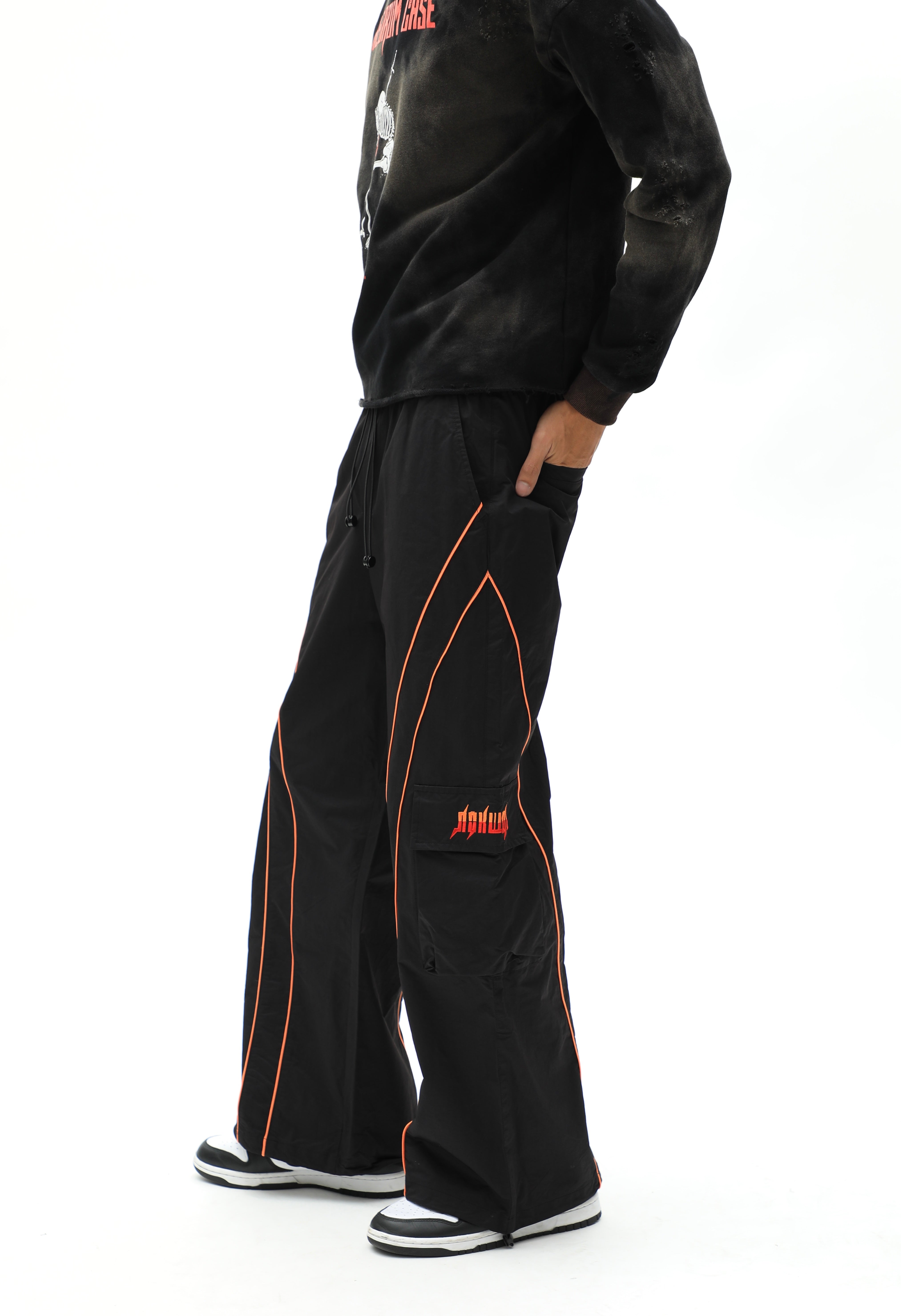 Black/Orange Baggy Cargo Sports Track Pants