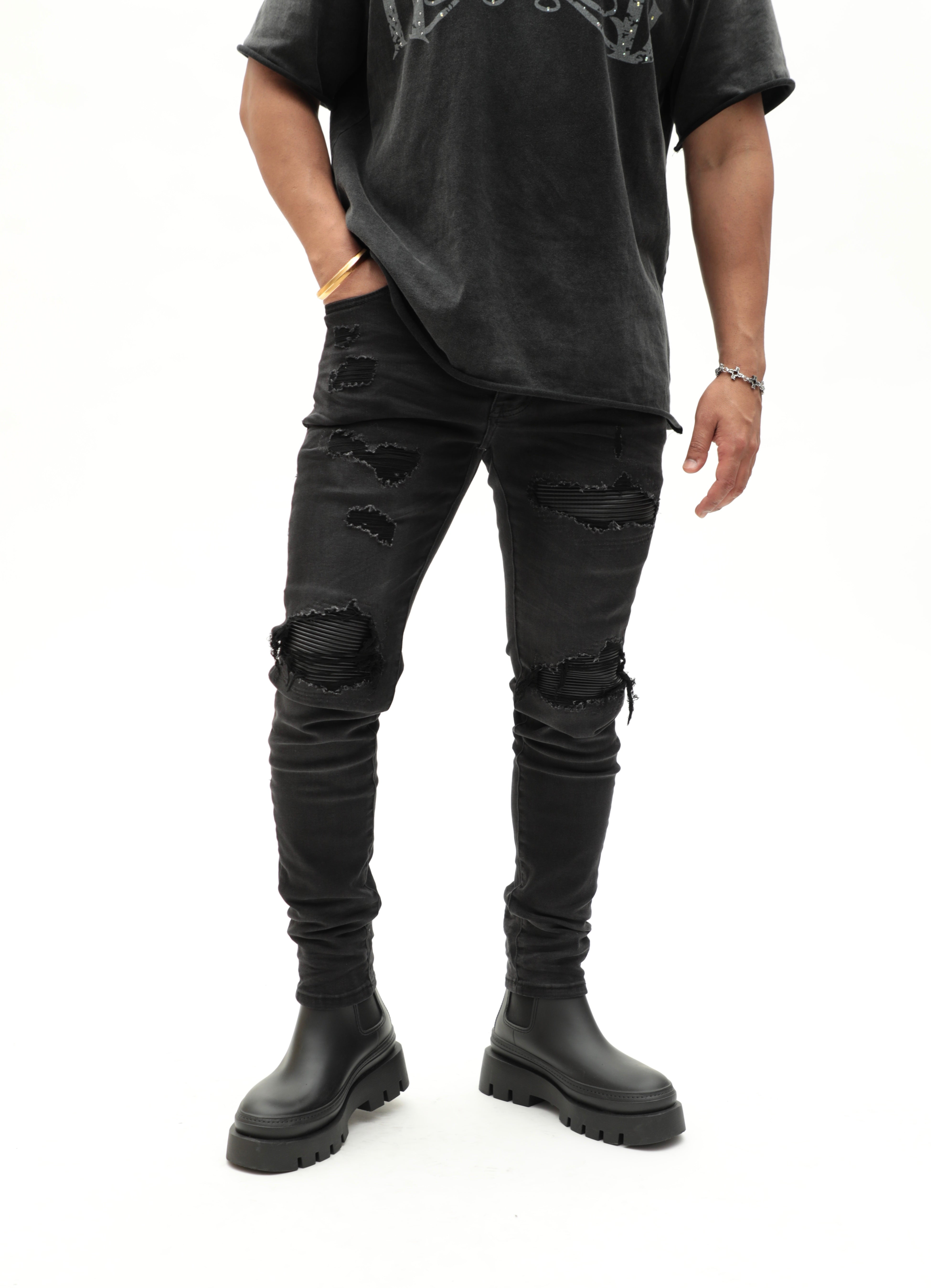 Heavy Distressed Faded Black Denim