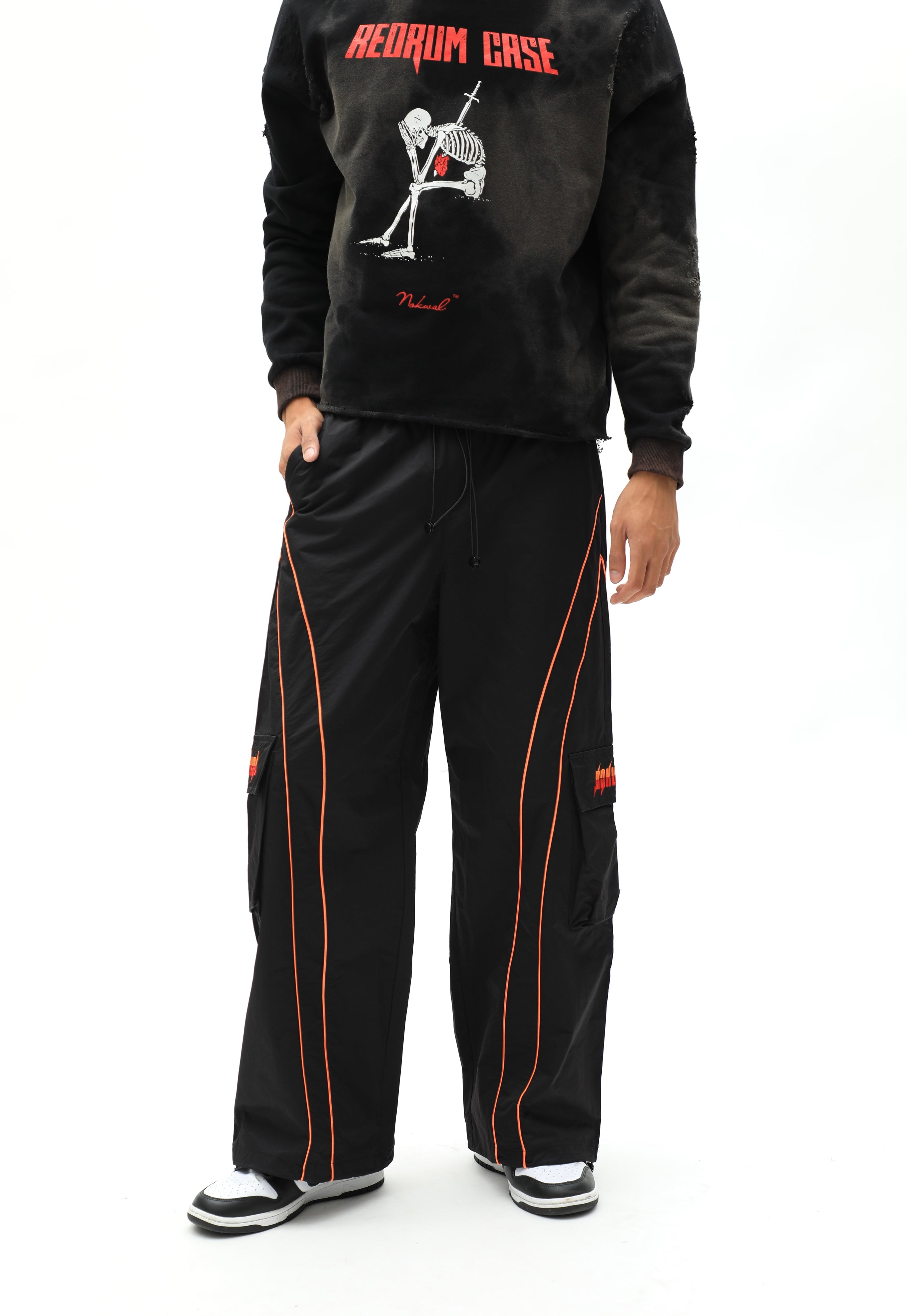 Black/Orange Baggy Cargo Sports Track Pants