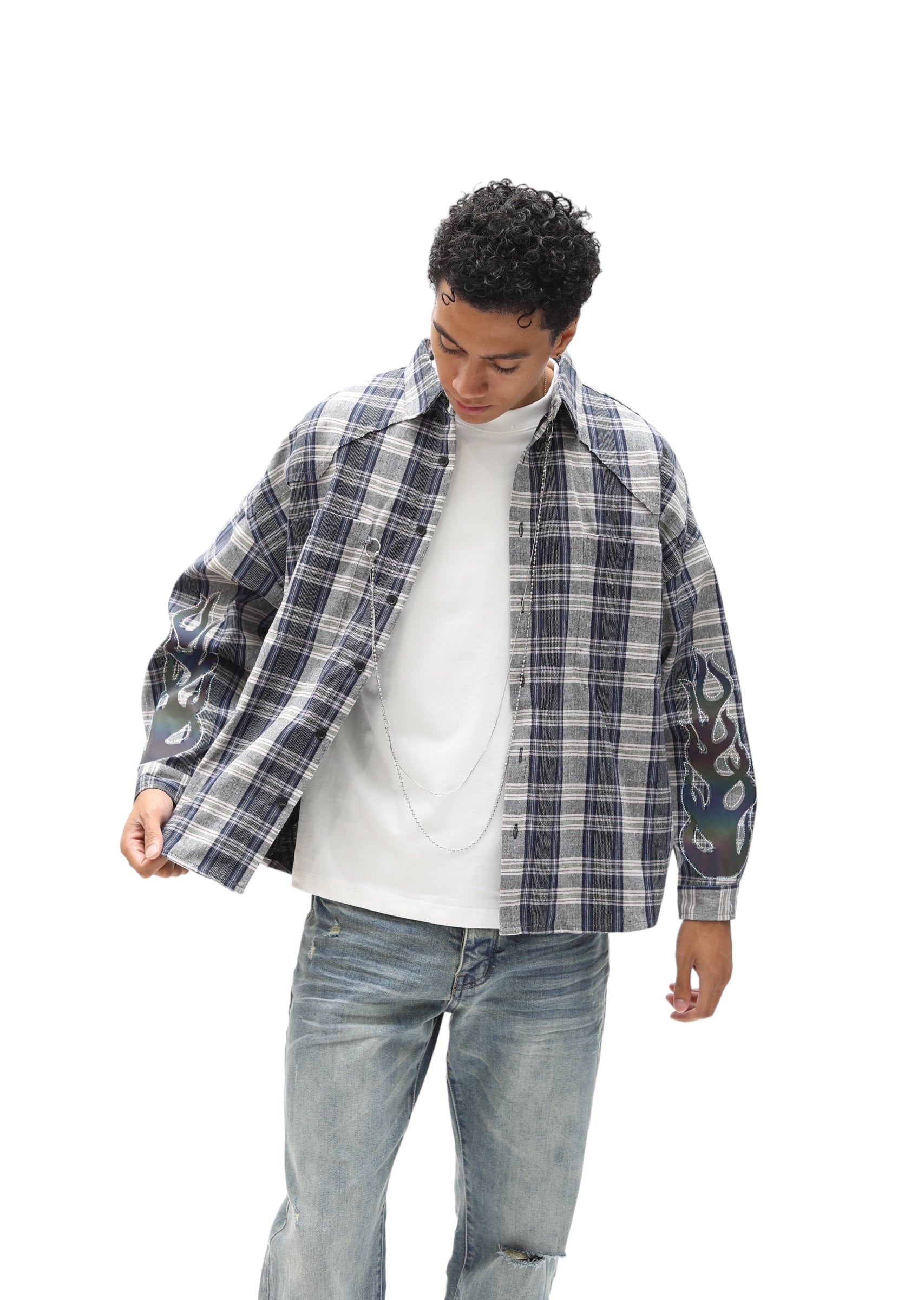 Oversized 3M Flame/Logo Blue Flannel Shirt