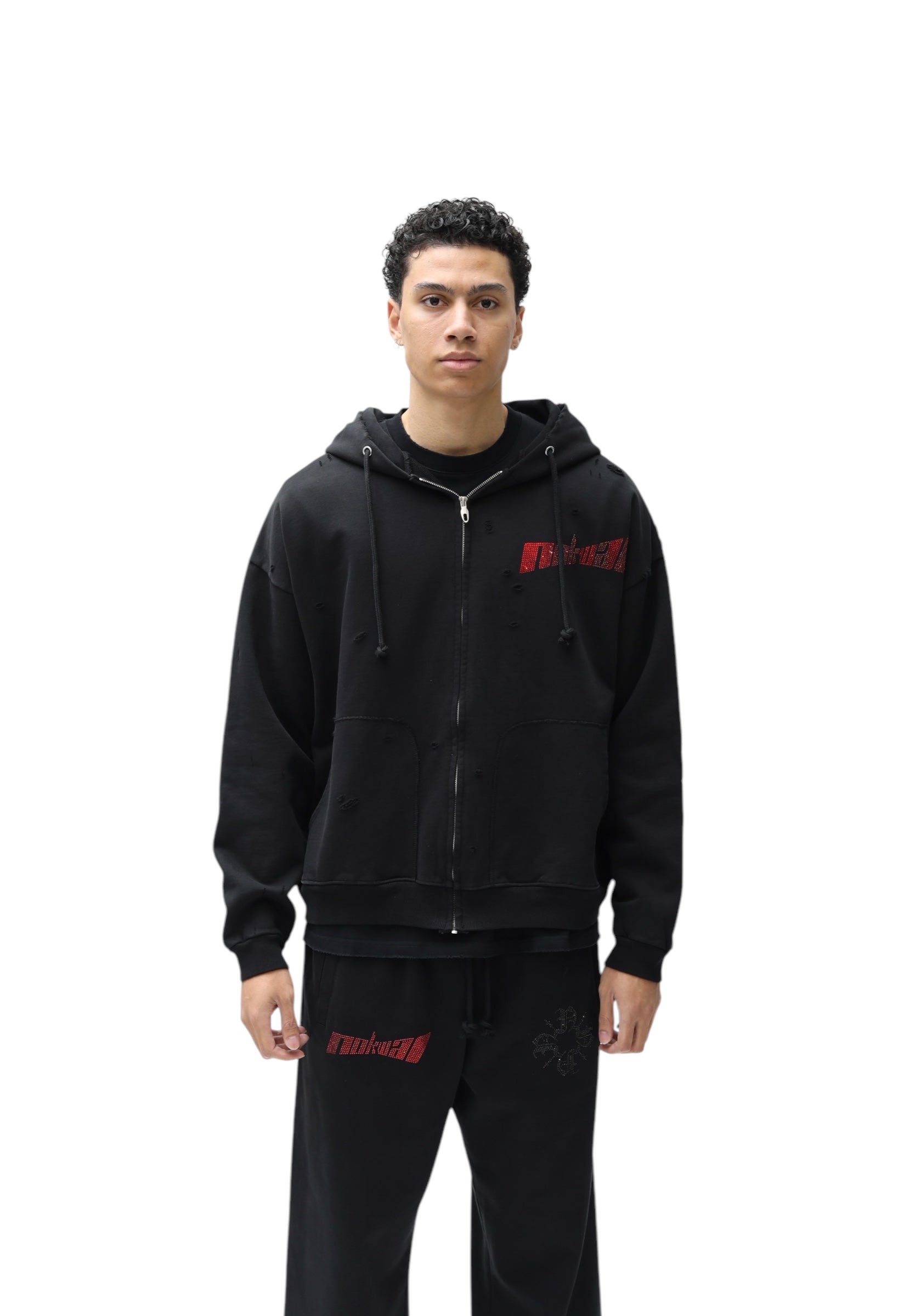 Black Distressed Zoom Zip Up Oversized Hoodie