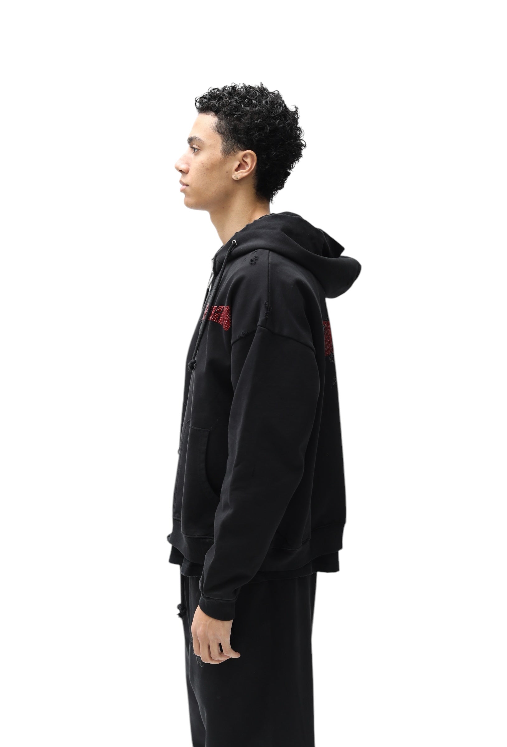 Black Distressed Zoom Zip Up Oversized Hoodie