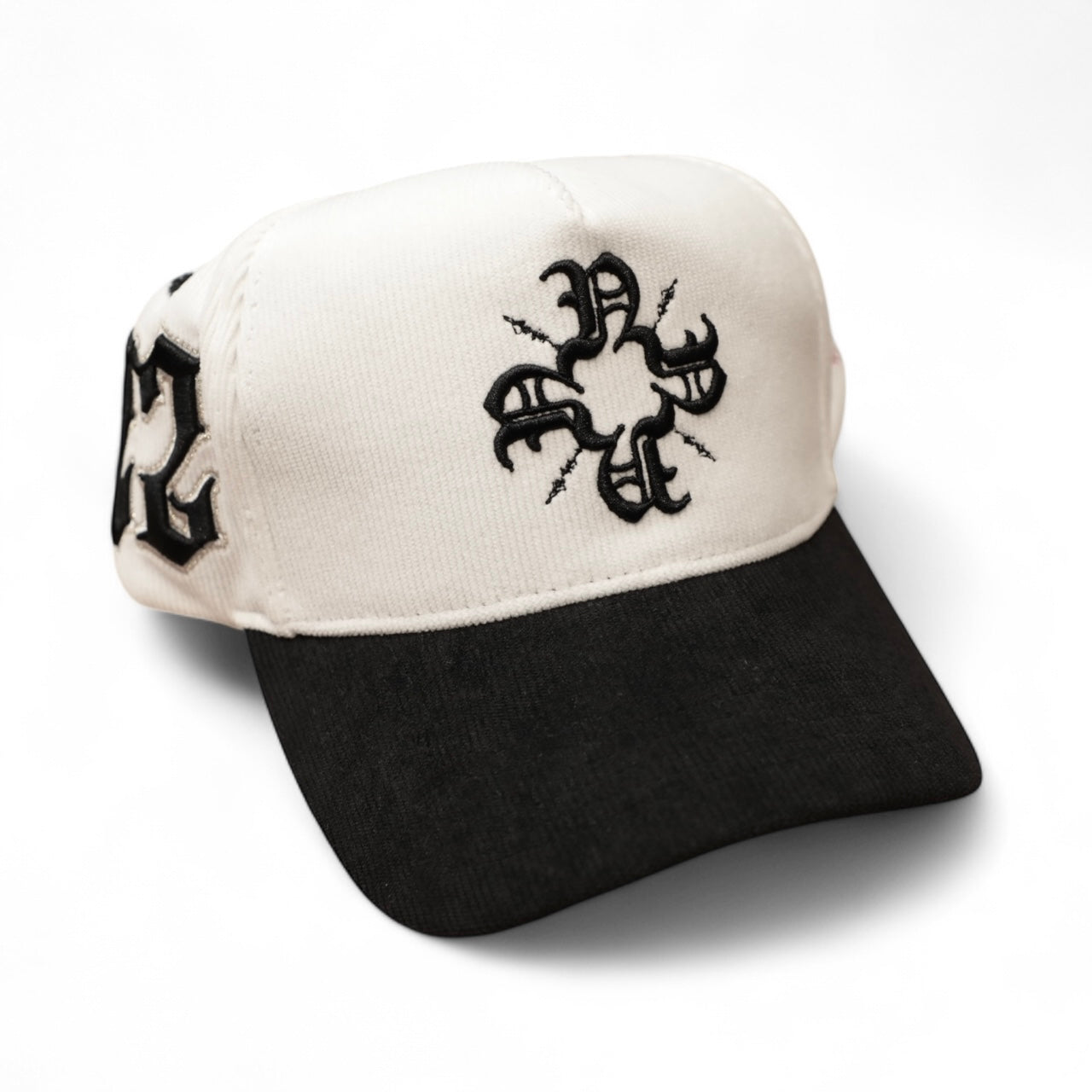White/Black Corduroy Monogram Trucker Hat