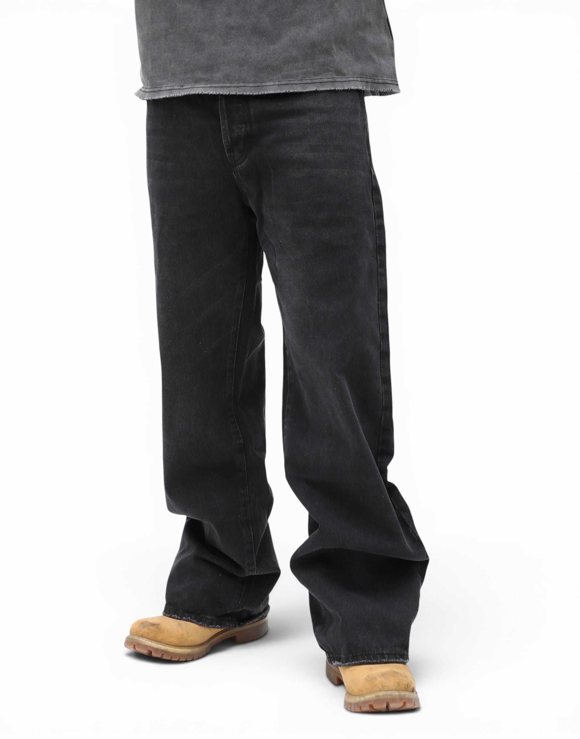 Black Stone Washed Straight Leg Denim