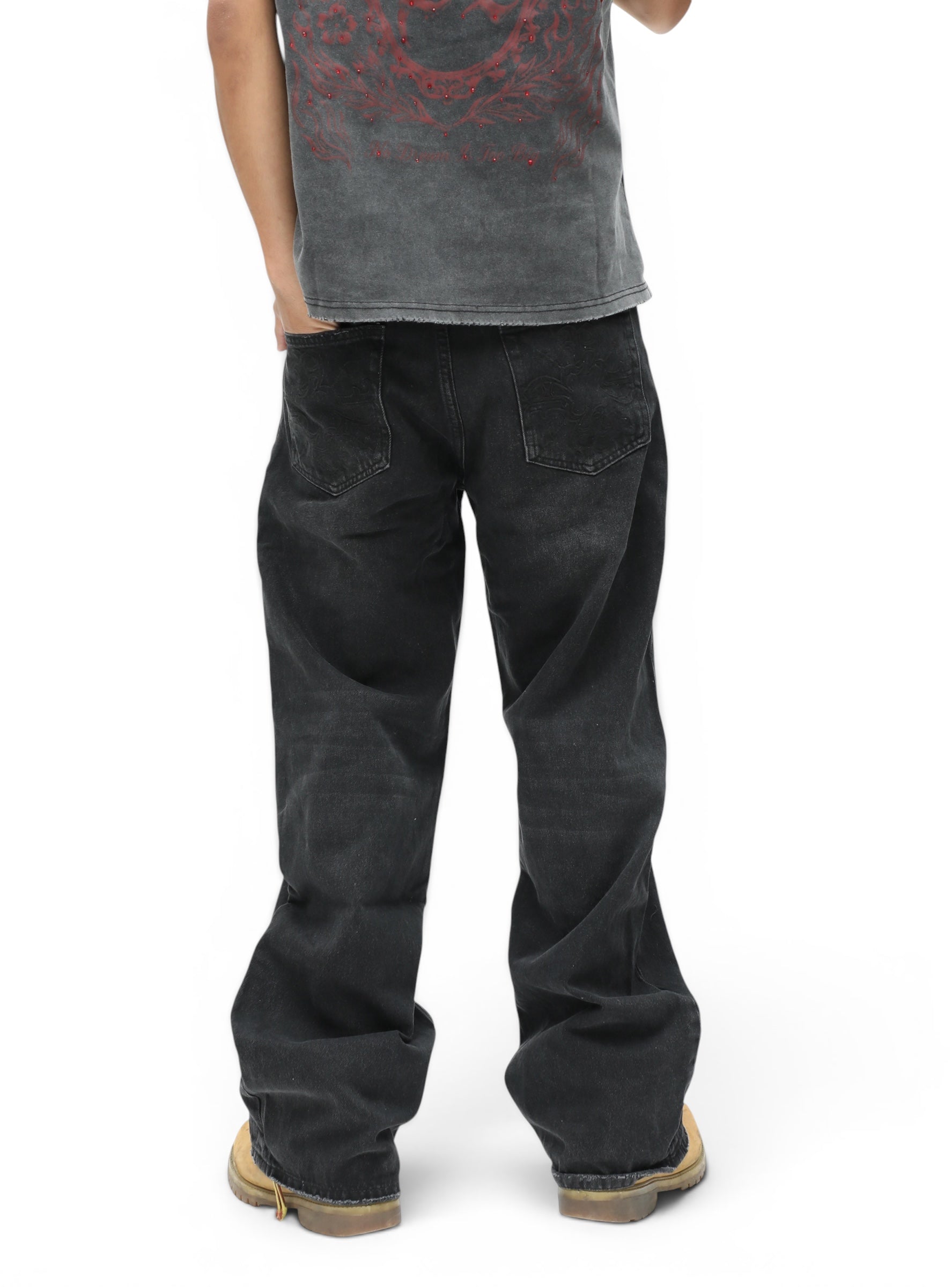 Black Stone Washed Straight Leg Denim