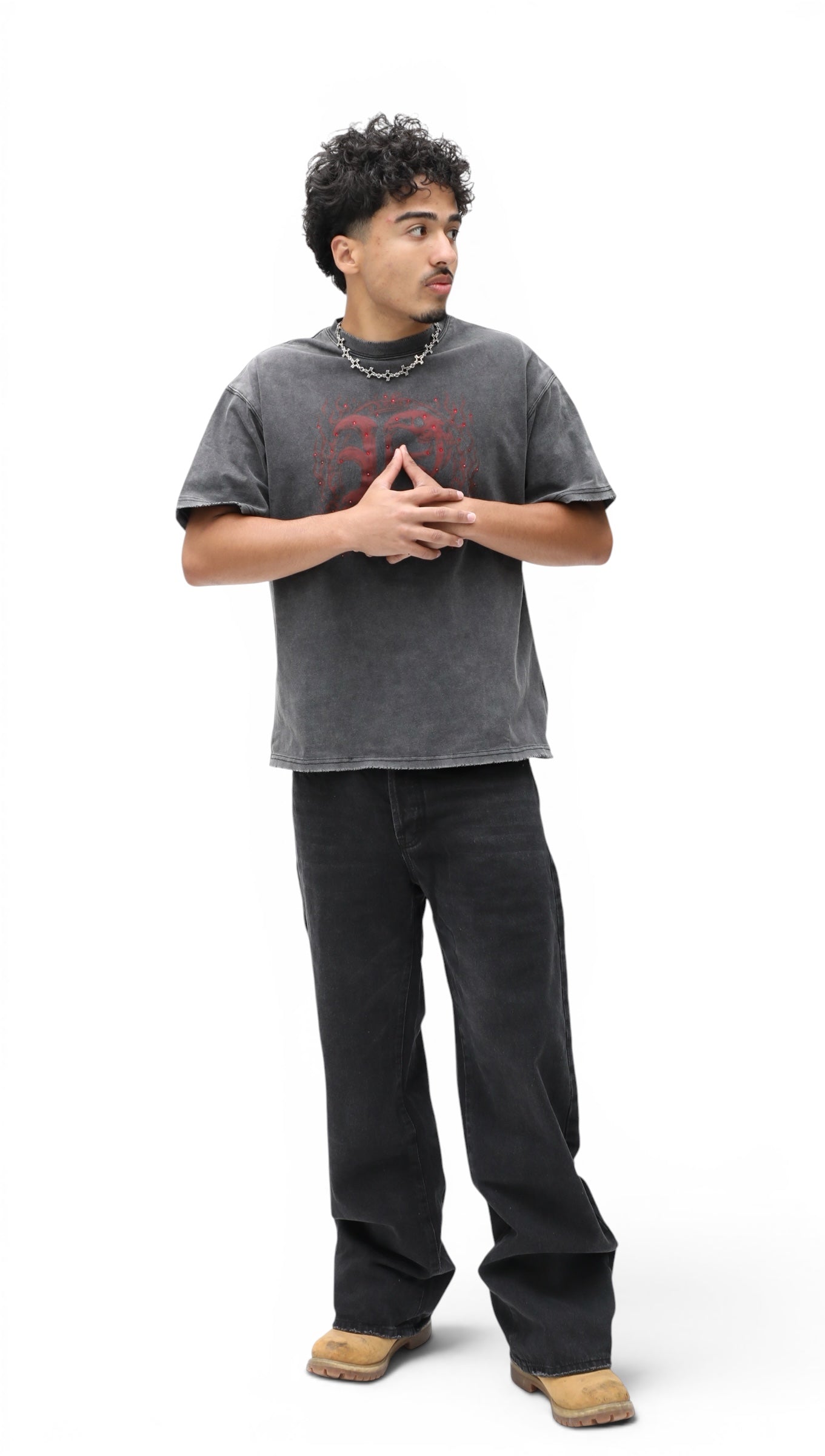 Black Stone Washed Straight Leg Denim