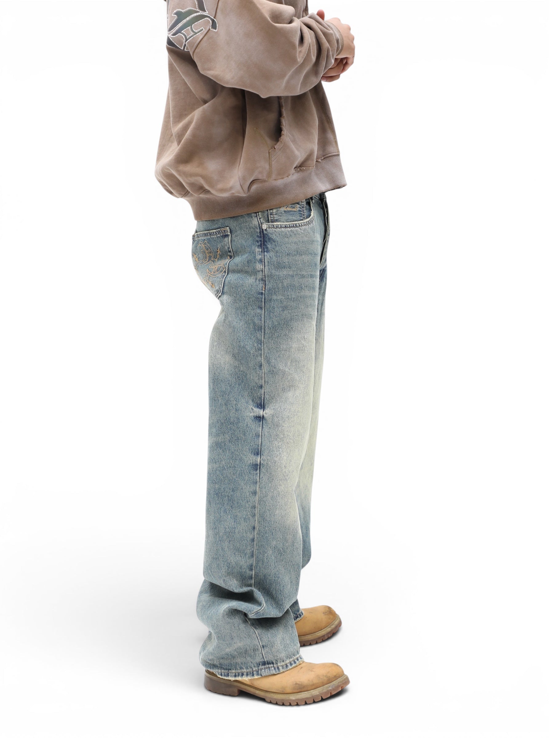 Blue Stone Washed Straight Leg Denim