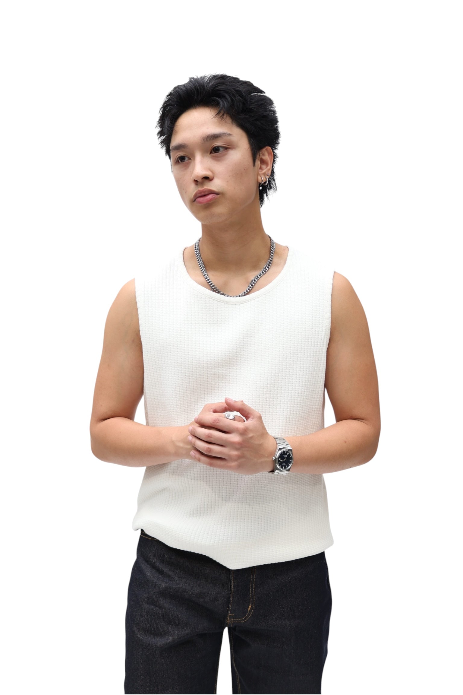 Waffle Knit Vest Tank - Ivory White