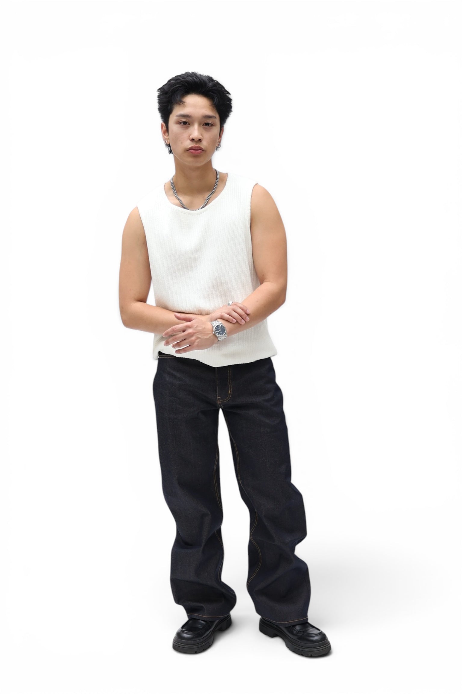 Waffle Knit Vest Tank - Ivory White