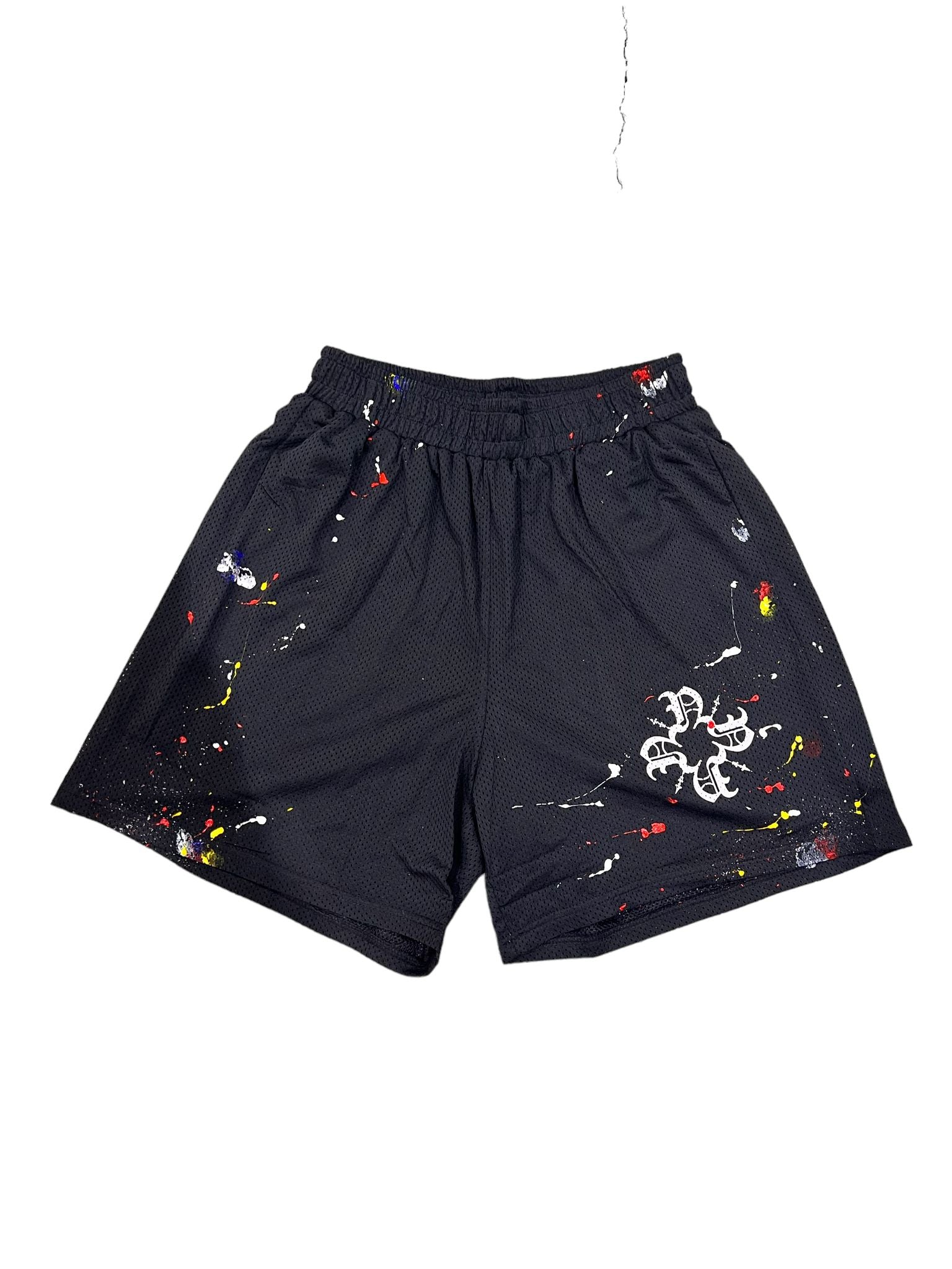 Custom Black Mesh Shorts w/ Paint Splatter - Large