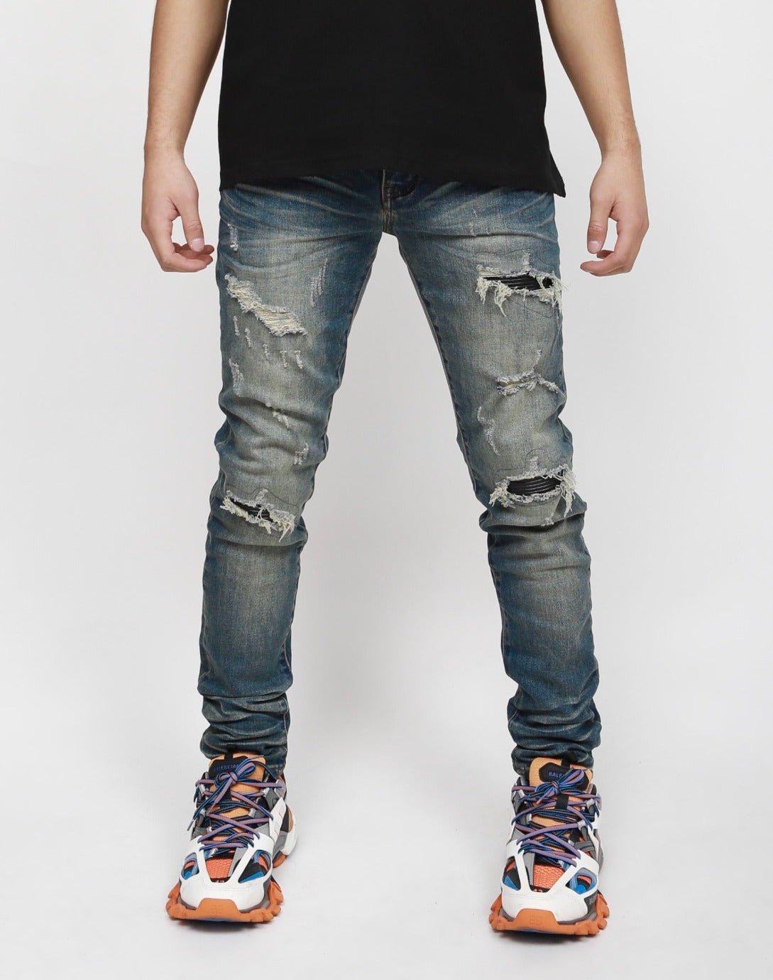 Nokwal Whiskey Faded Wash Distressed Leather Skinny Blue Denim