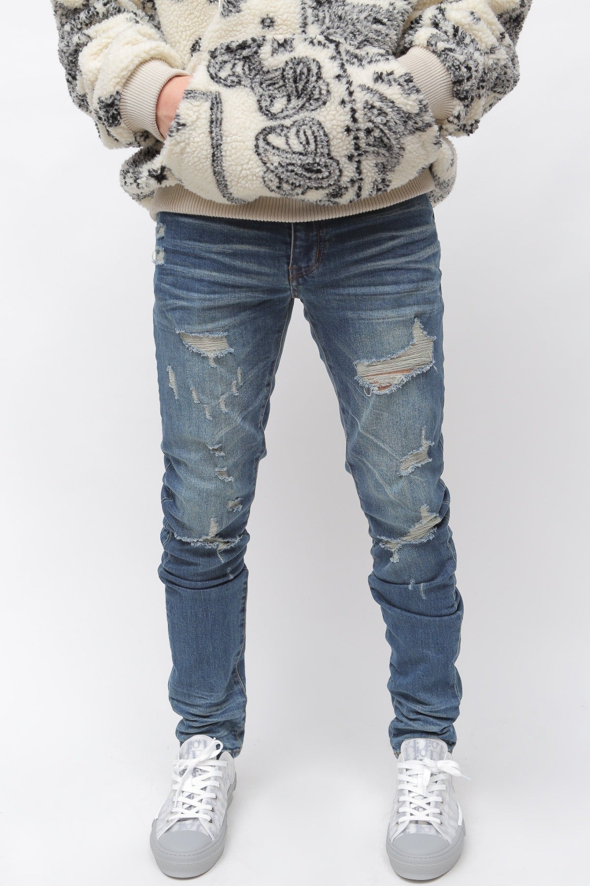 Heavy Distressed Indigo Blue Skinny Denim