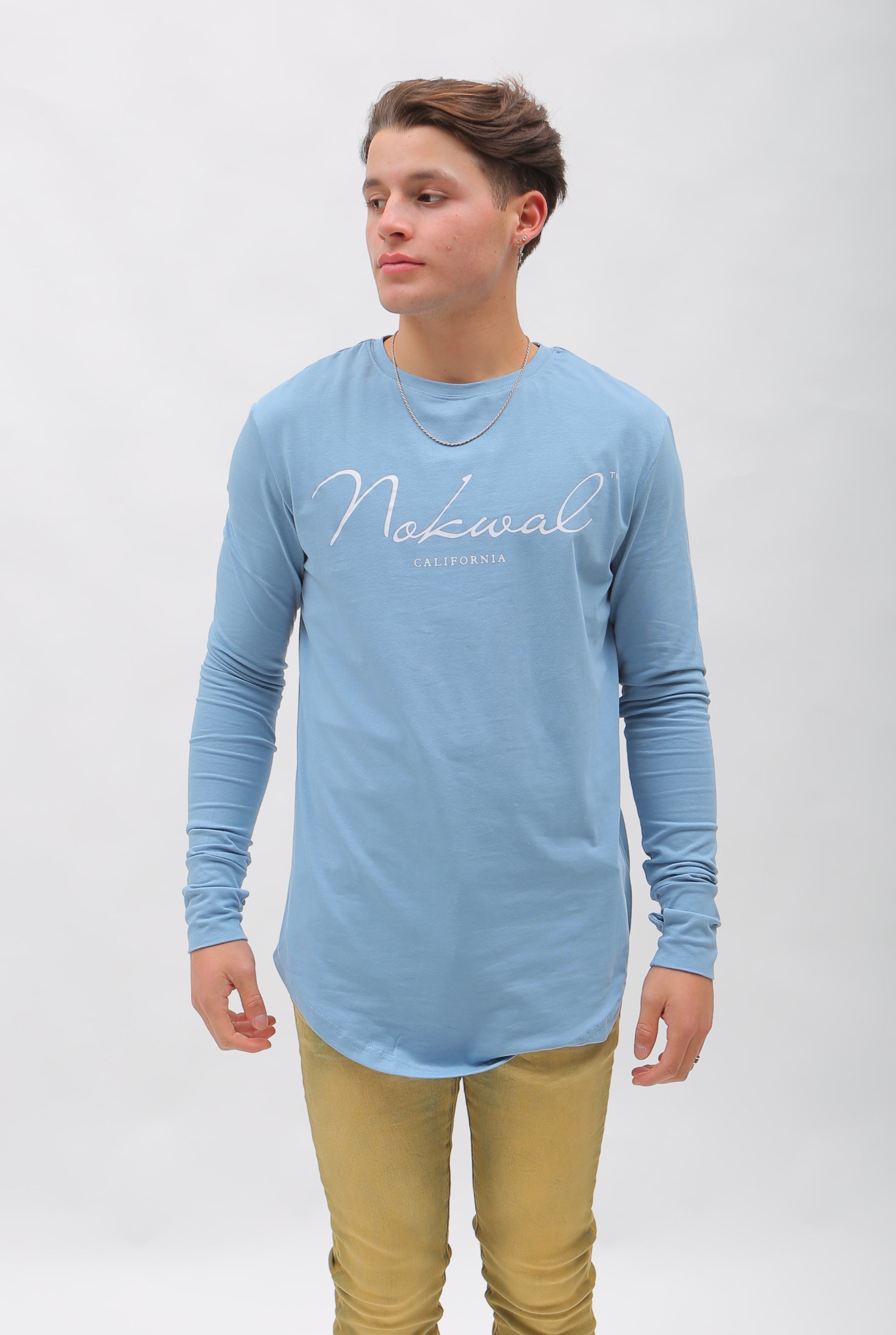 Light Blue Signature Long Sleeve T Shirt W/ White NOKWAL SIGNATURE