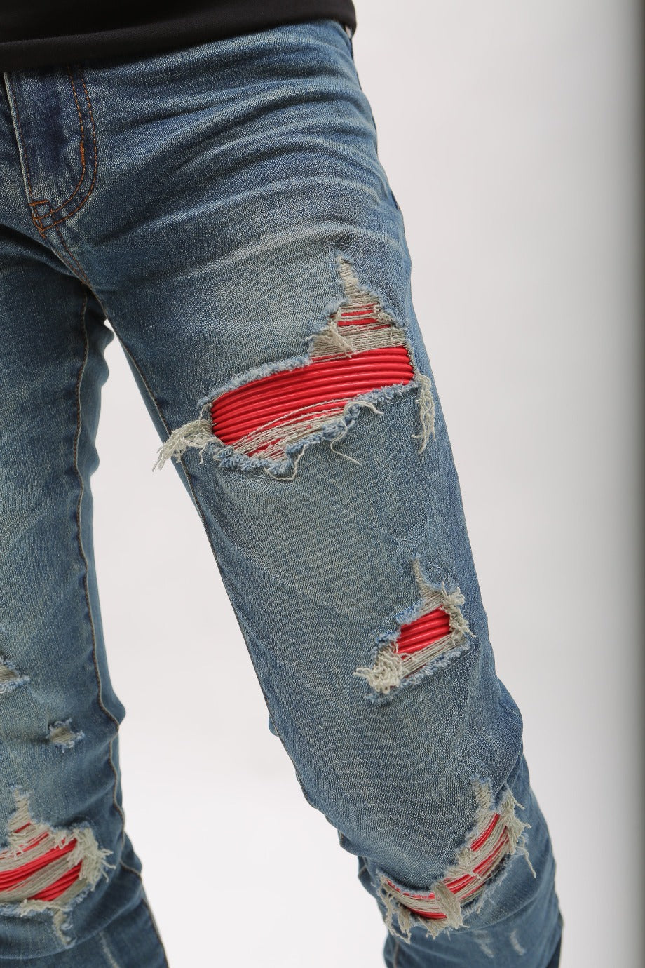 Nokwal Heavy Distressed W/ Red Leather Blue Skinny Denim