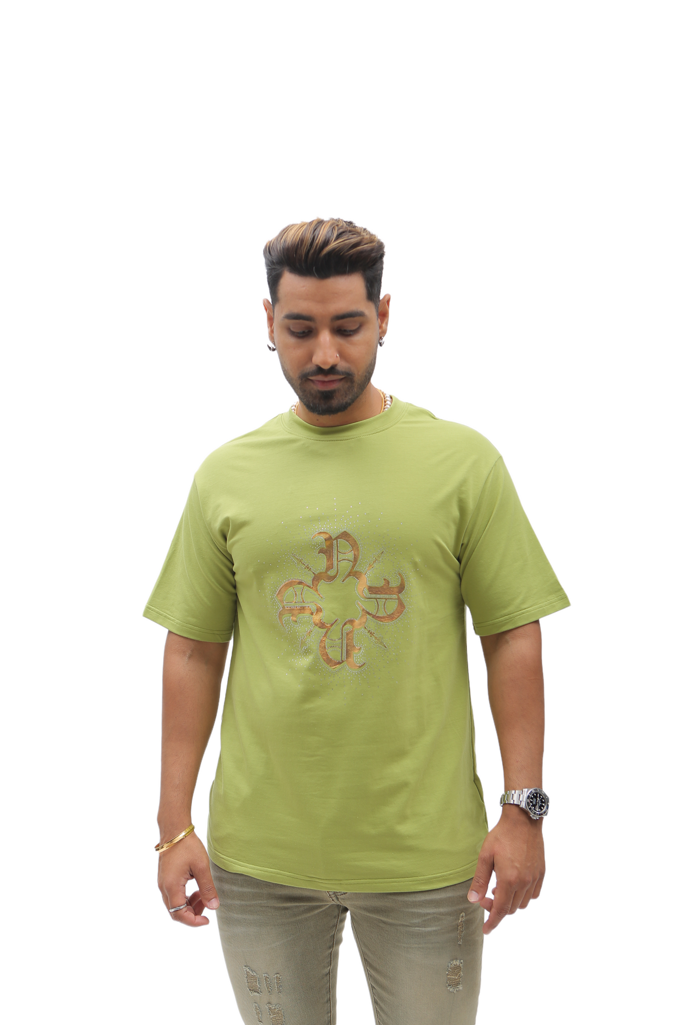 Rhinestone Gold Hologram Monogram T-Shirt Green