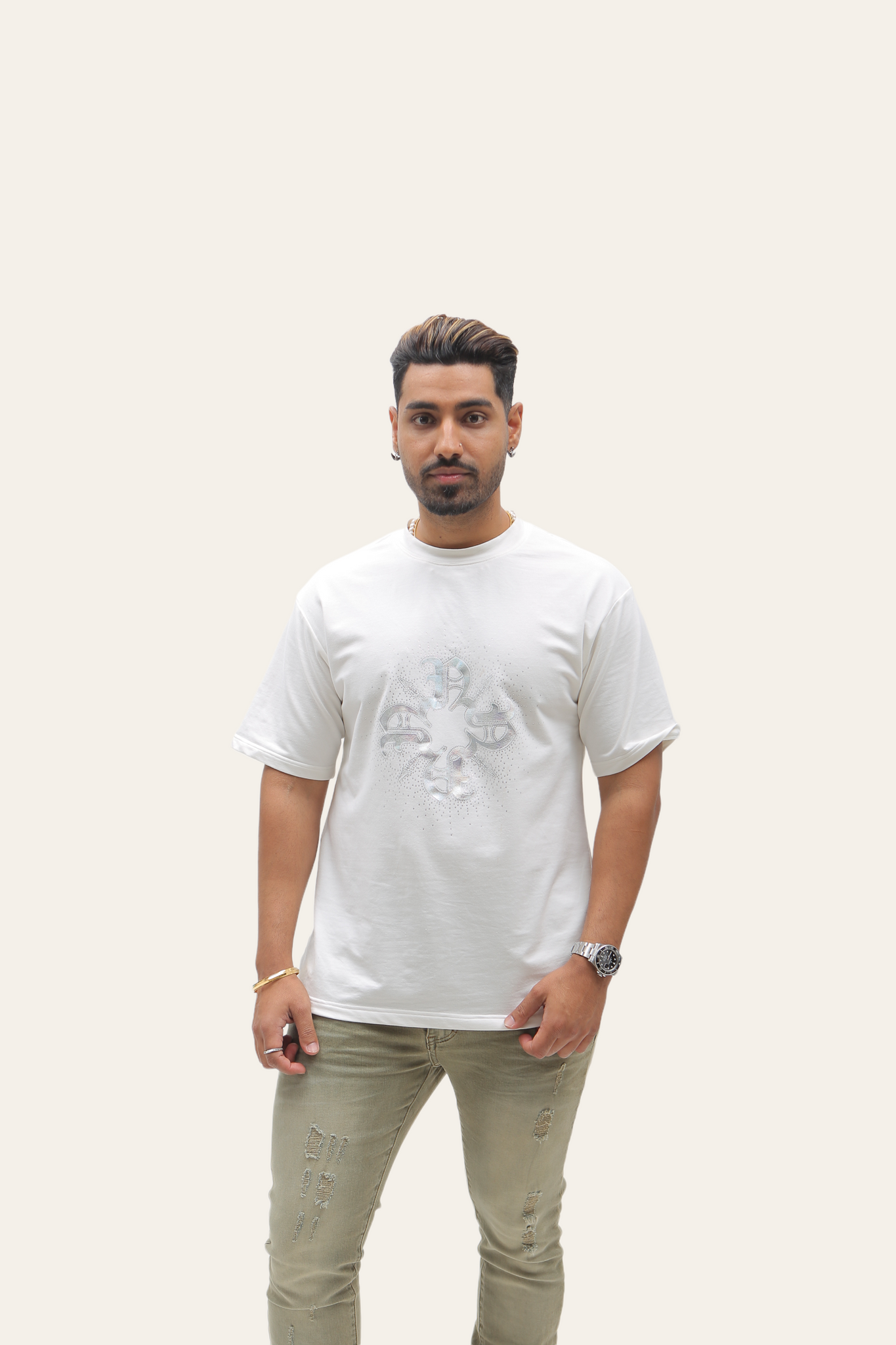 Rhinestone Hologram Monogram T-Shirt White